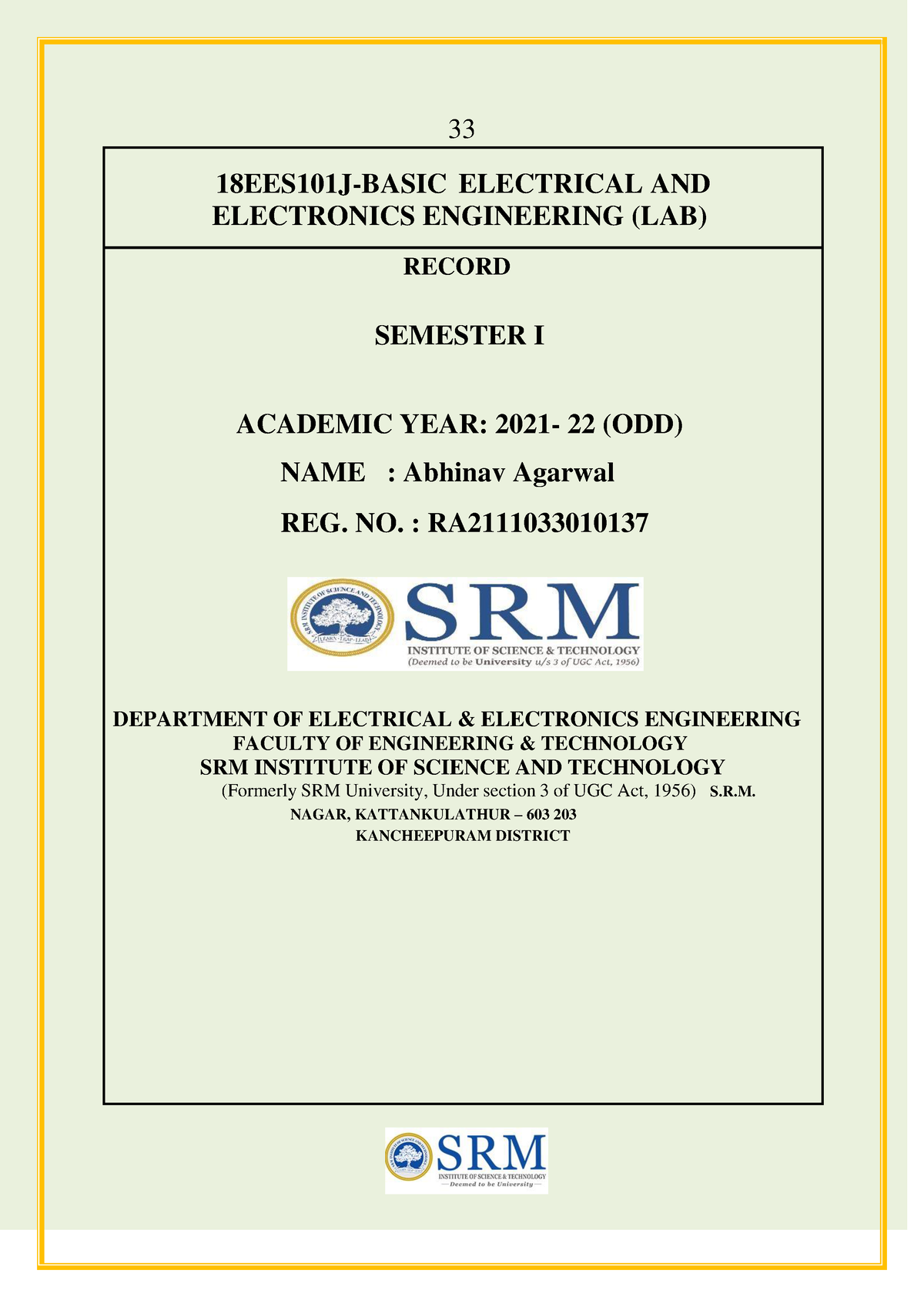 EXPERIMENT 6 BEEE - 33 18EES101J-BASIC ELECTRICAL AND ELECTRONICS ...