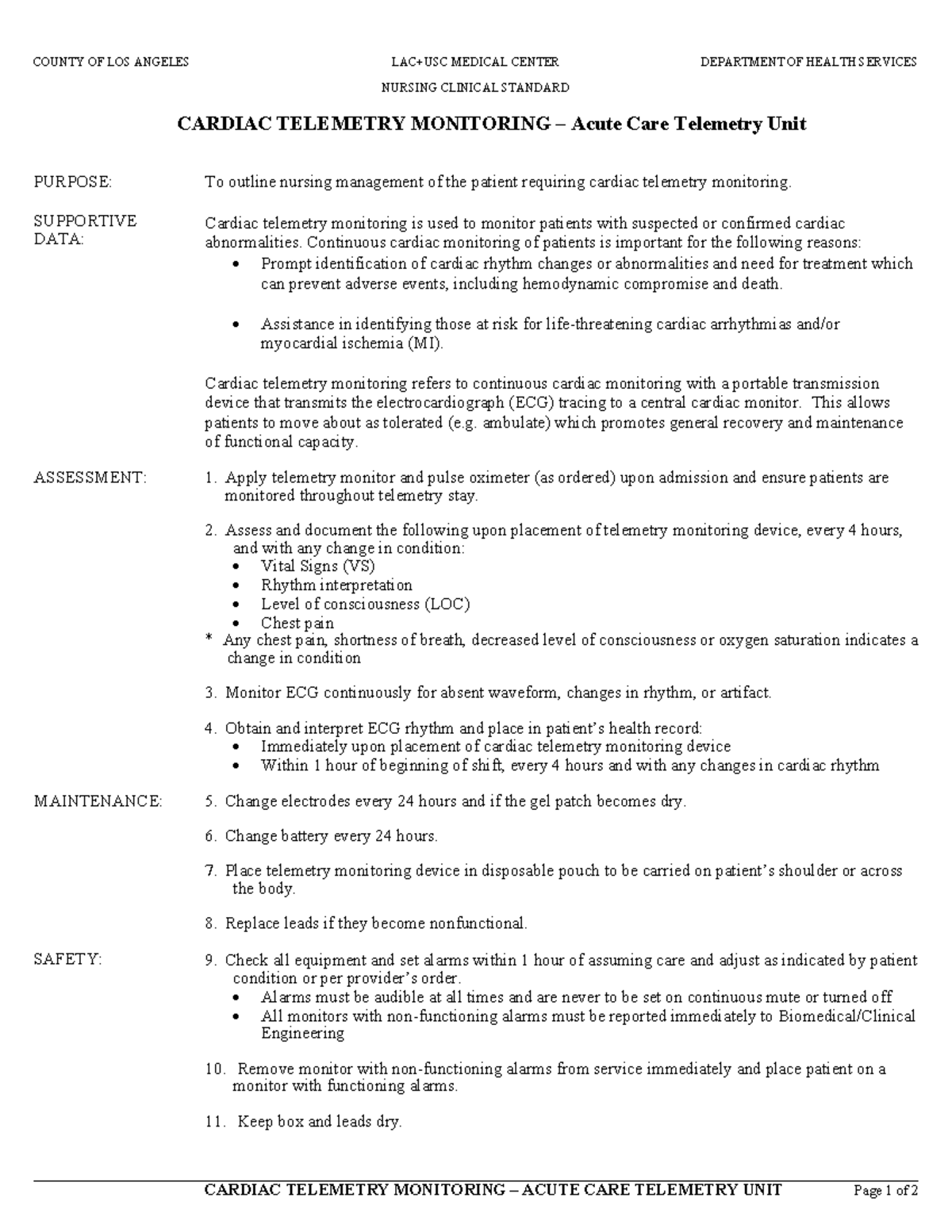 Cardiac telemetry october 2020 - CARDIAC TELEMETRY MONITORING – ACUTE ...