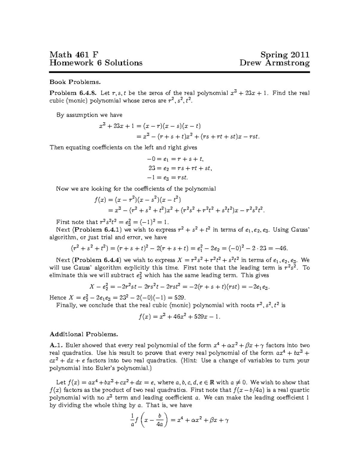 Spring 11 Hw 6 Sol - Homework - Math 461 F Spring 2011 Homework 6 ...