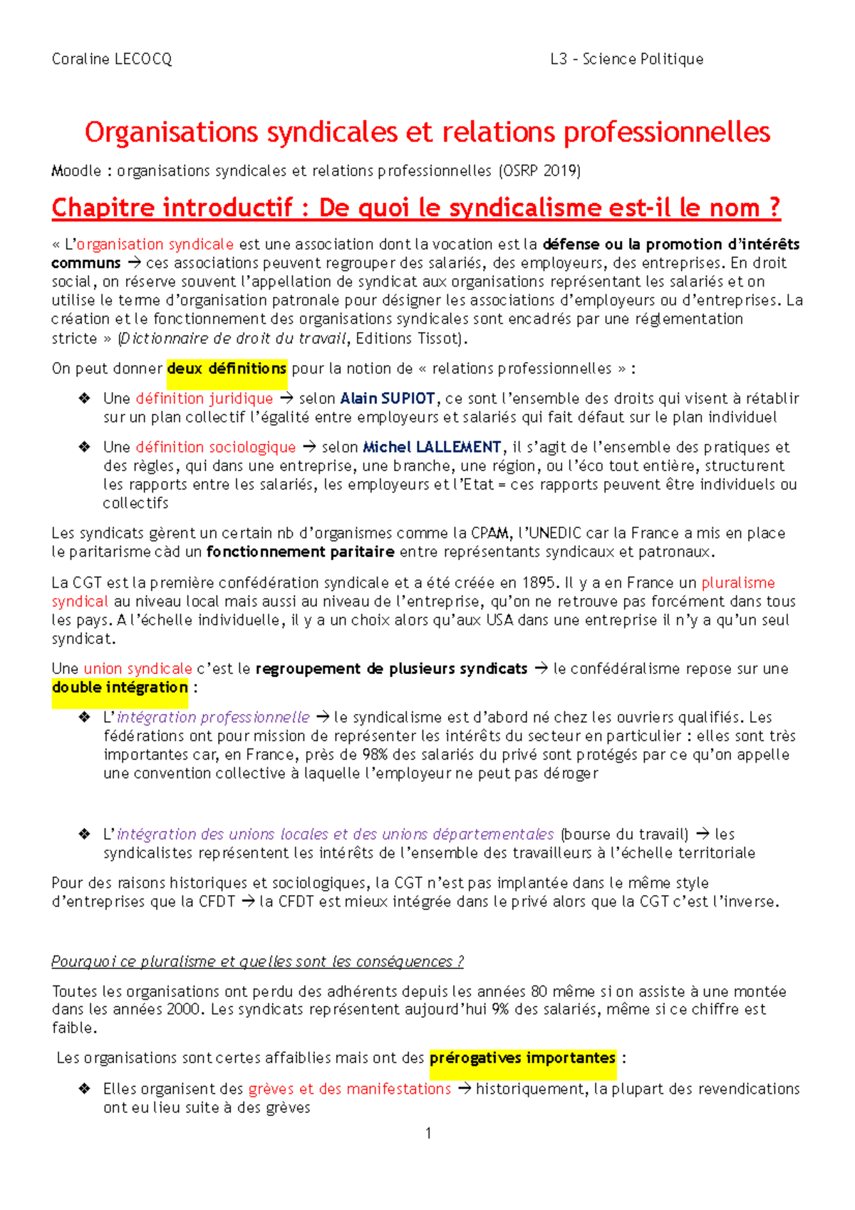 Cours Organisaton Syndicale Complet - Organisations Syndicales Et ...