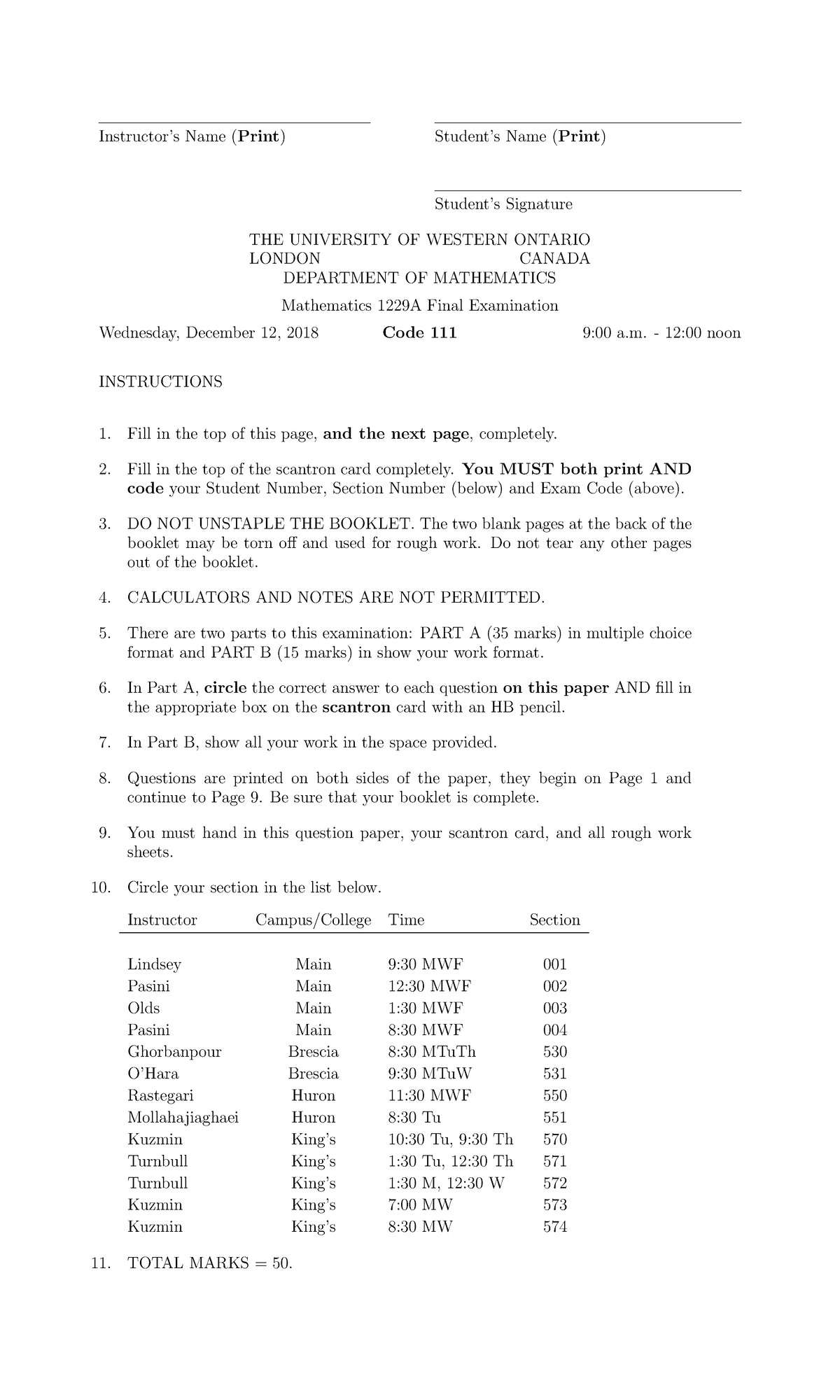western university mathematic 1229 practice exams - Instructor’s Name ...