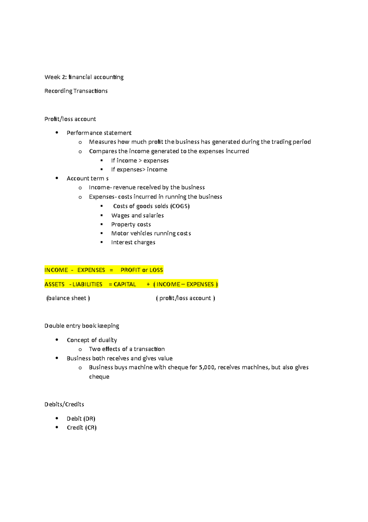 Week 2 lecture notes - recording transactions - Week 2: financial ...
