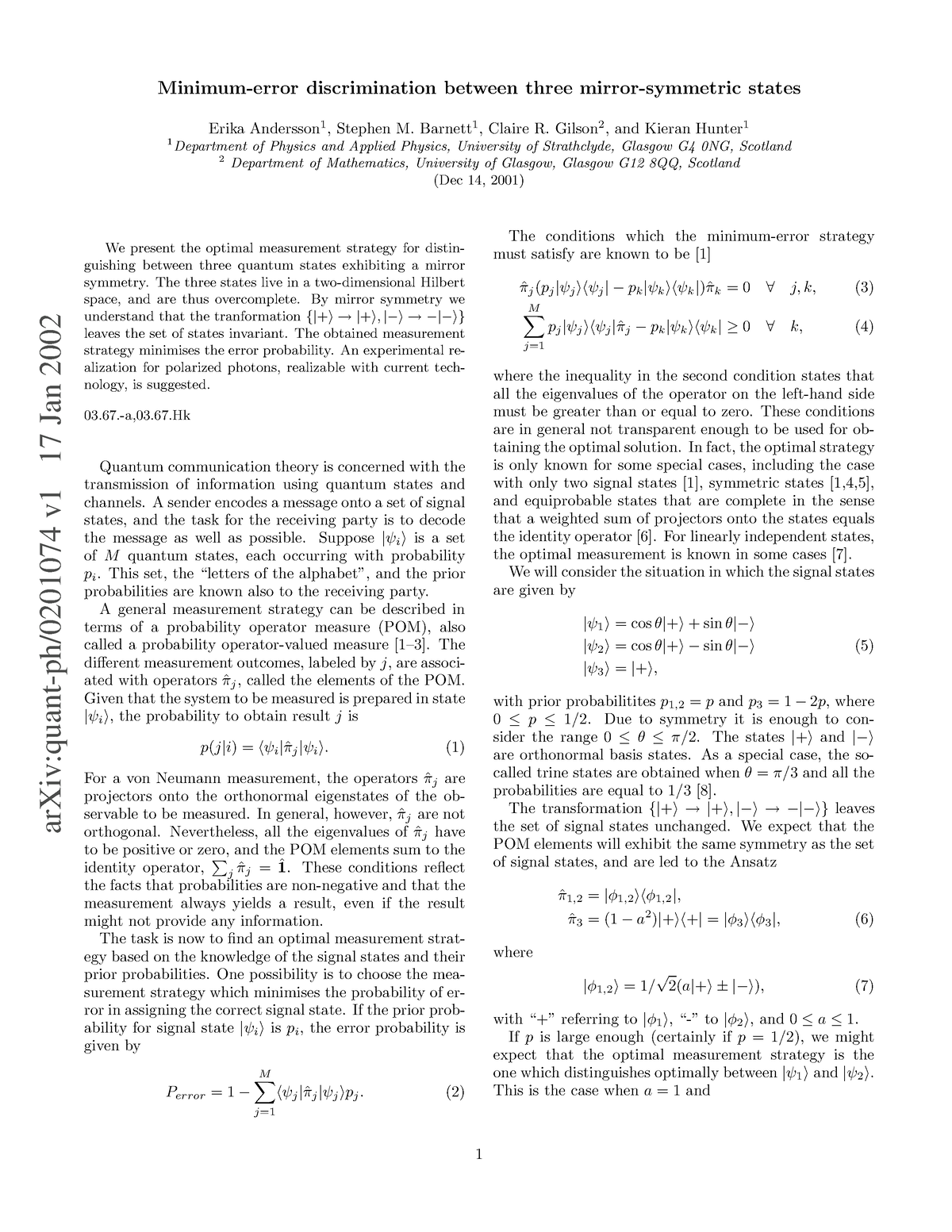 Minimum Error Discrimination Between Thr - ArXiv:quant-ph/0201074 V 17 ...