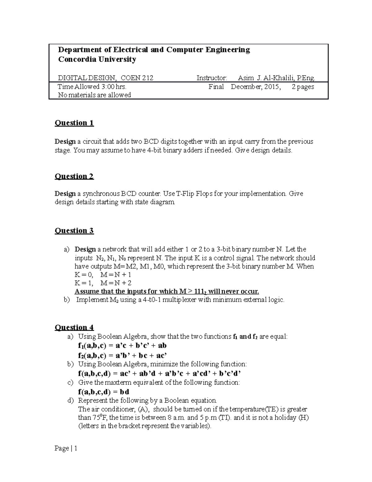 F E COEN 212 Dec2015 Past Exam Department of Electrical and