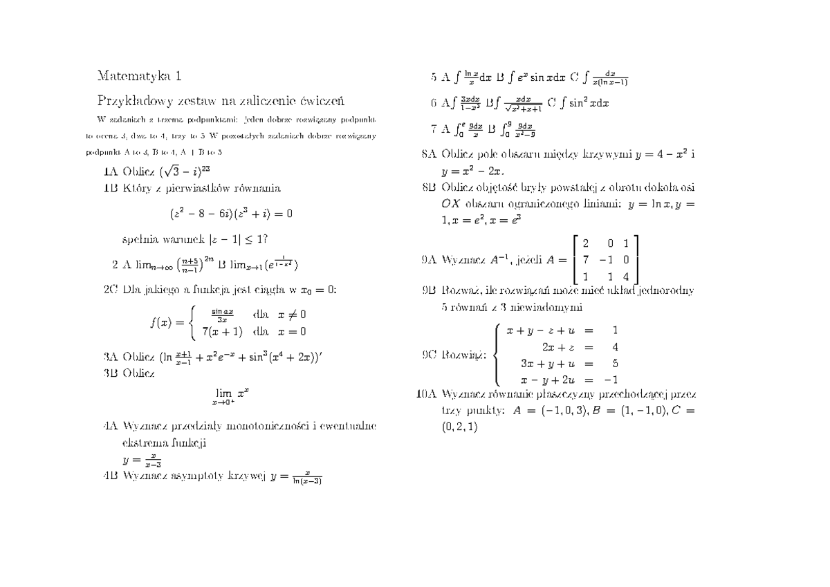 Sprawdzian Matematyka 1 Liceum Podstawa Zestaw B