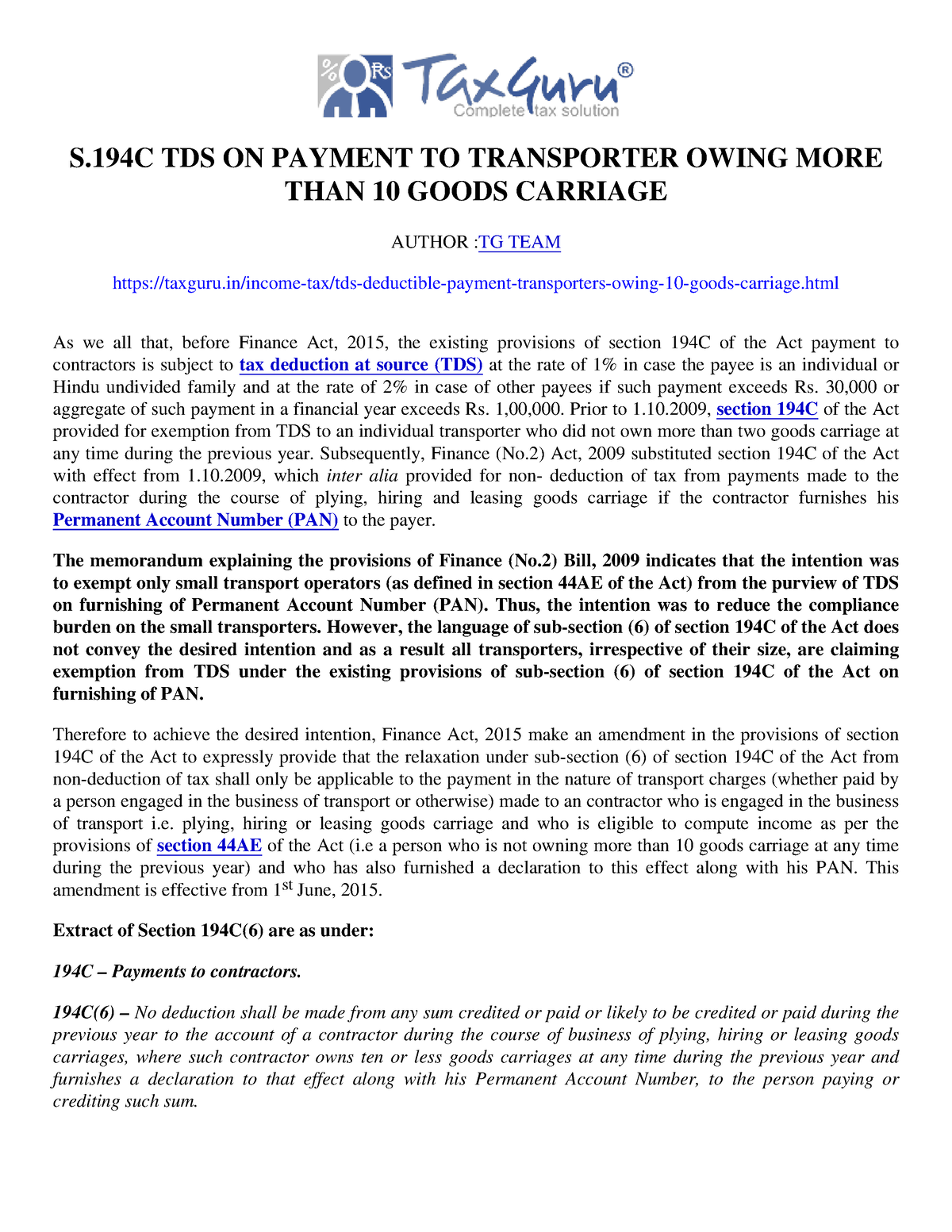 S.194C TDS on payment to transporter owing more than 10 Goods Carriage