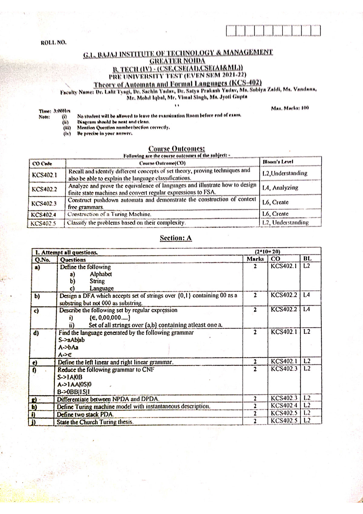 TAFL Put Paper - B.tech - Studocu