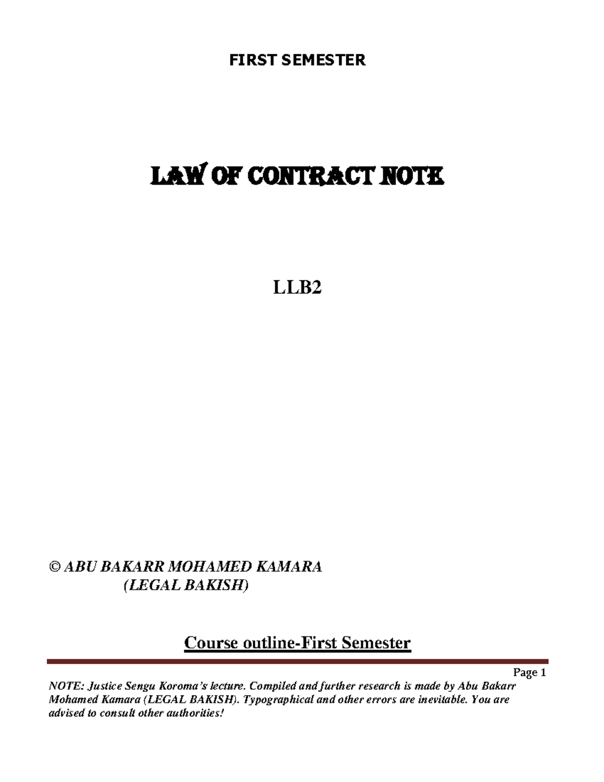 Contract Law Notes For Law Students. - Page 1 NOTE: Justice Sengu ...