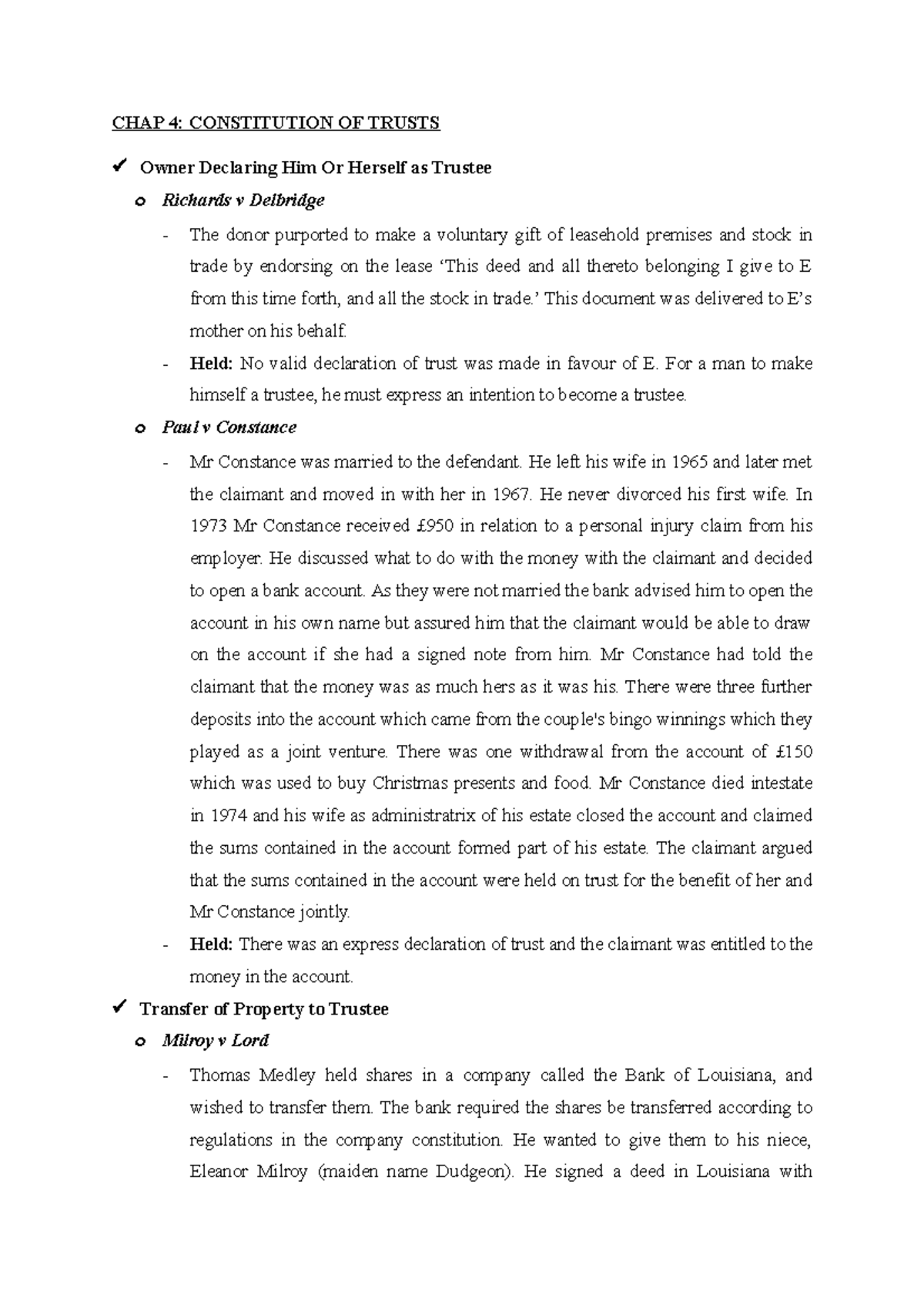 CHAP 4 equity notes - CHAP 4: CONSTITUTION OF TRUSTS Owner Declaring ...