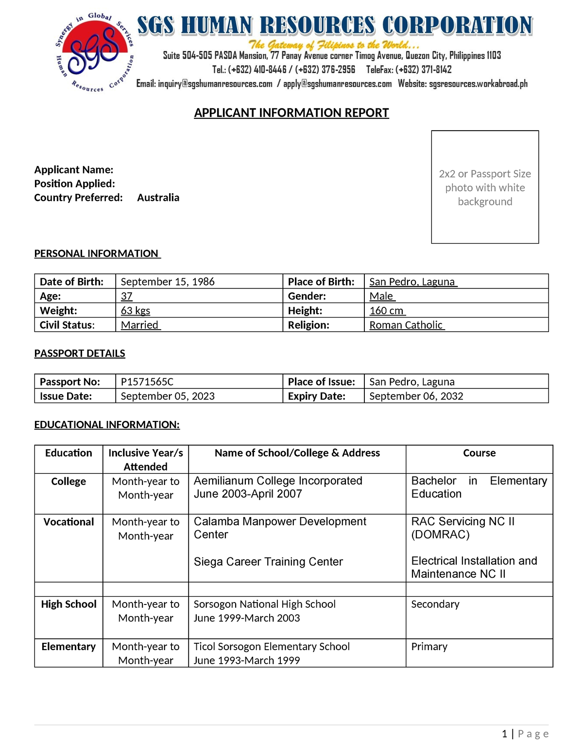 SGS Application Form 1 APPLICANT INFORMATION REPORT Applicant Name