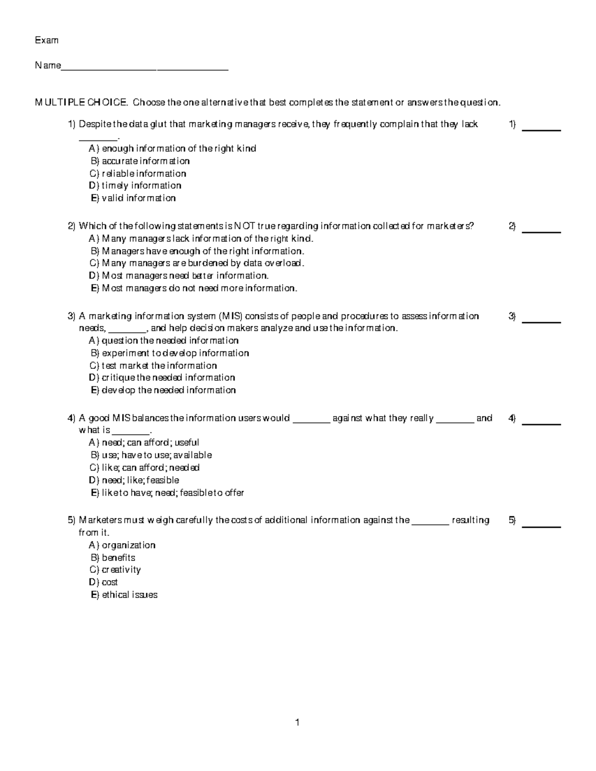 Chapter 5 - question bank - Exam MULTIPLE CHOICE. Choose the one ...