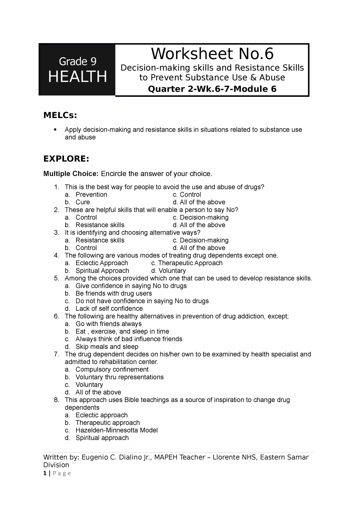 Q2 WK6 7 Worksheet 6 Health 9 - Grade 9 HEALTH Worksheet No. Decision ...