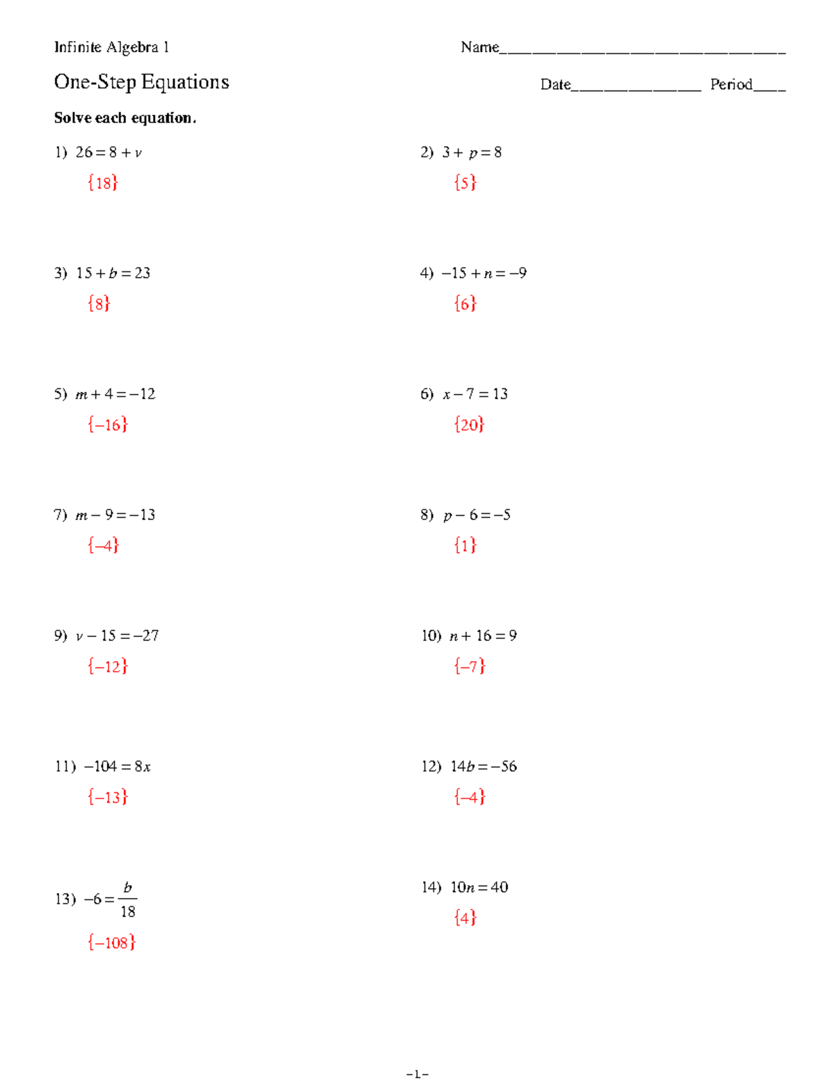 One-Step Equations - ©I I 2 O 0 B 1 B 2 O 8 K 6 UZtka 1 VSLoVfFtMw 0 ...