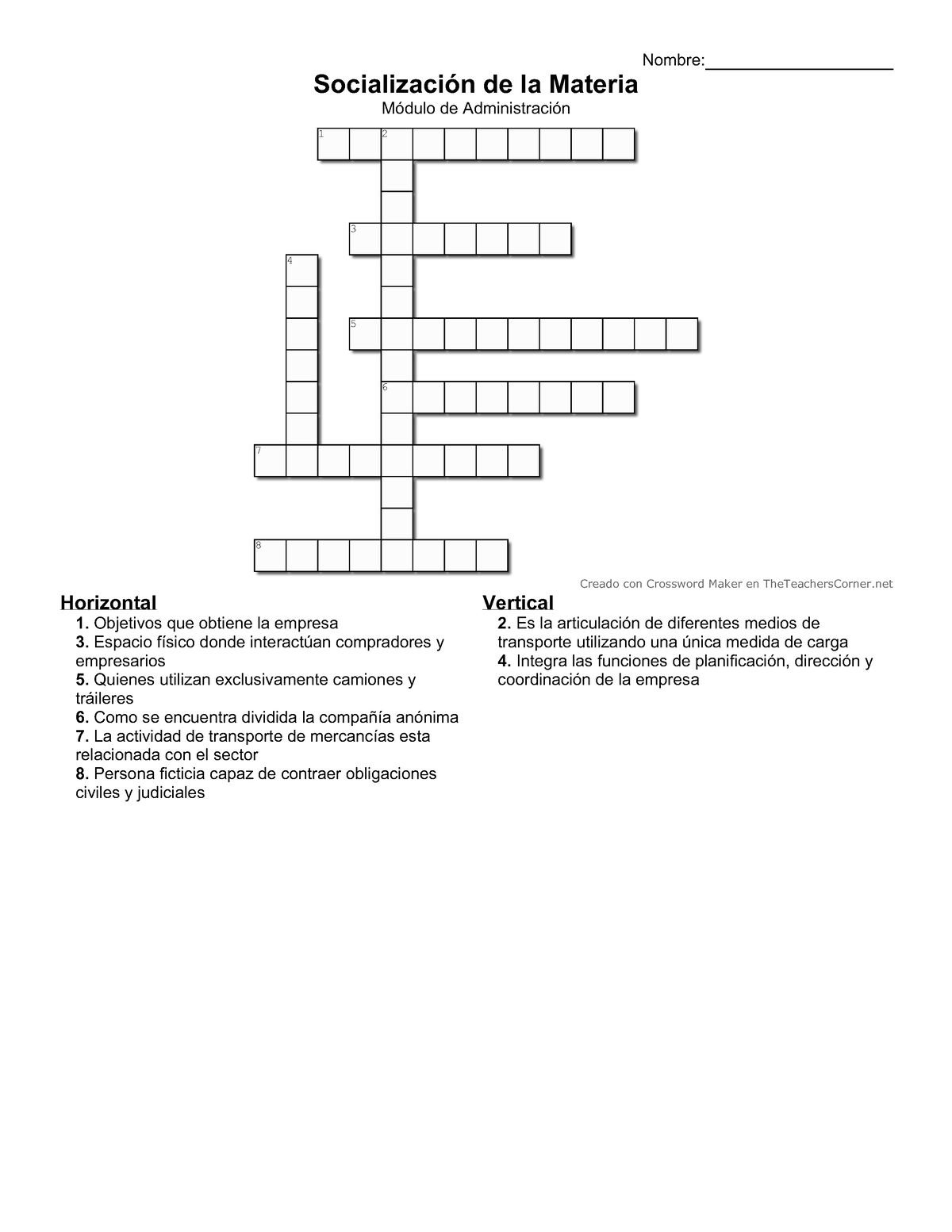 Crucigrama Modulo Administracion Socialización De La Materia Módulo De Administración Nombre 1802