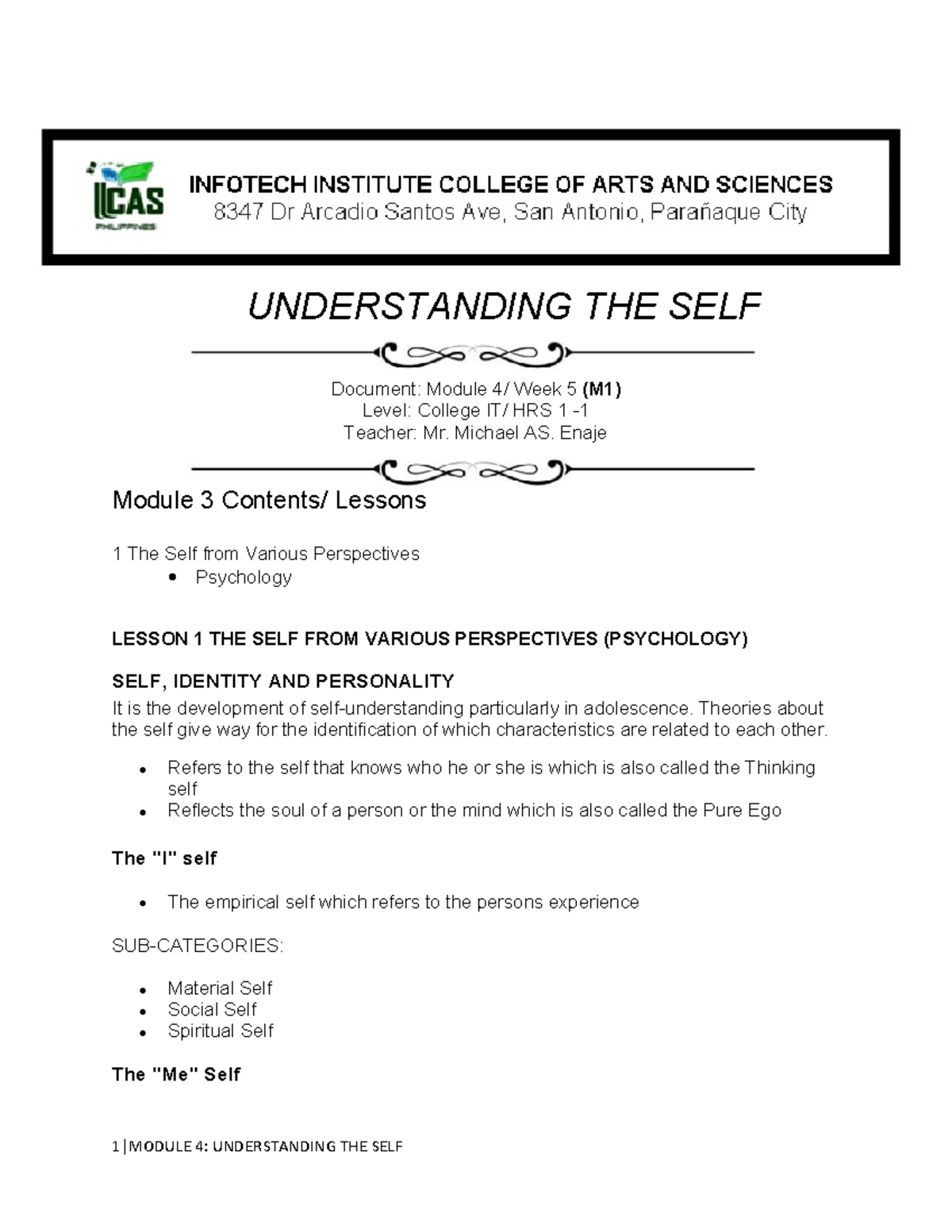 Understanding the self module 4 understanding the self document