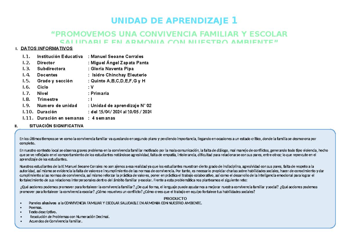 Unidad DE Aprendizaje 1 Original - UNIDAD DE APRENDIZAJE 1 I. DATOS ...