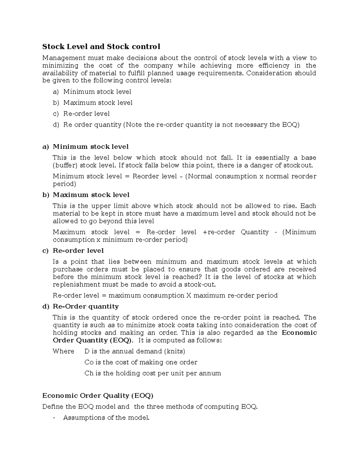 Stock Control AND Stock Valuation .lecture notes for university ...