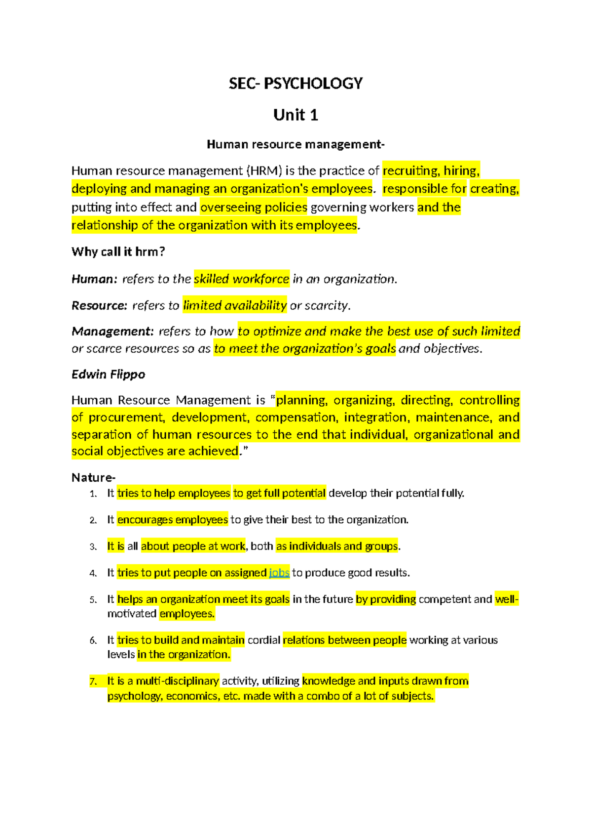 SEC - SEC- PSYCHOLOGY Unit 1 Human resource management- Human resource ...