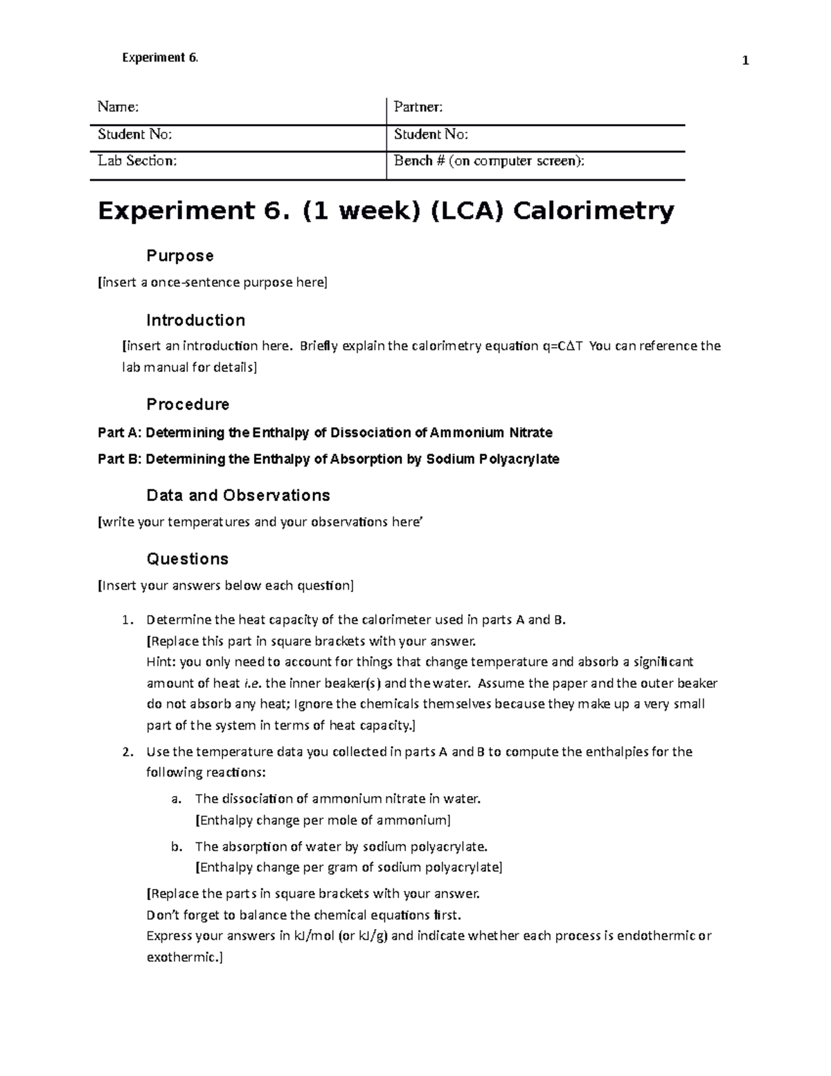 Template Calorimetry-2 - Experiment 6. Name: Partner: Student No ...