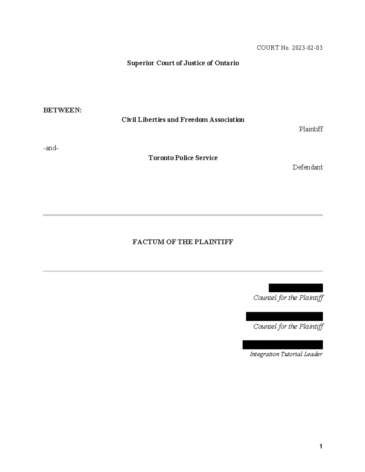 Sample Factum - Summary Contractual Obligations - COURT No. 2023- 02 ...