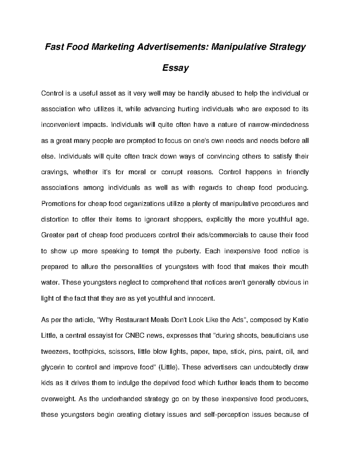 Fast Food Marketing Advertisements Manipulative Strategy Essay
