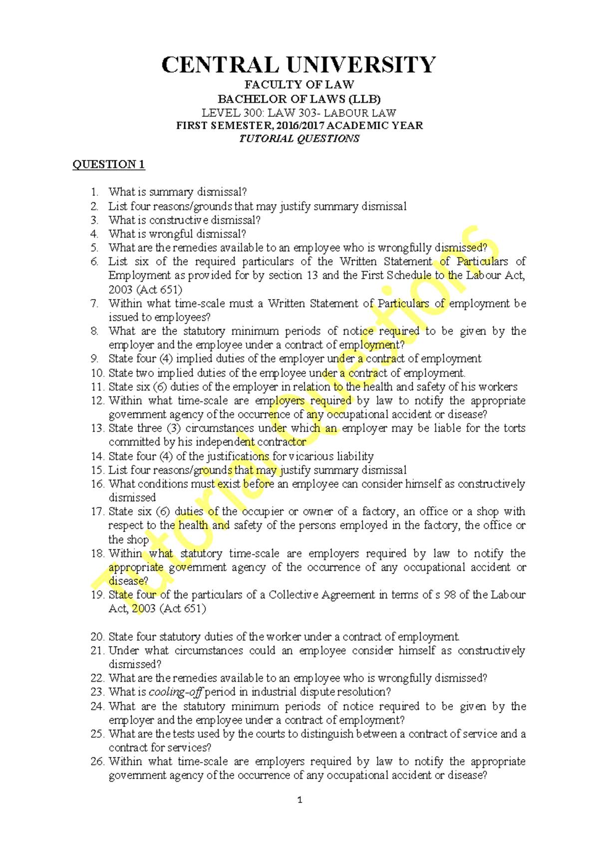Law 303 Tutorial Questions Latest Central University Faculty Of Law Law 303 Tutorial Questions Latest Central University Faculty Of Law