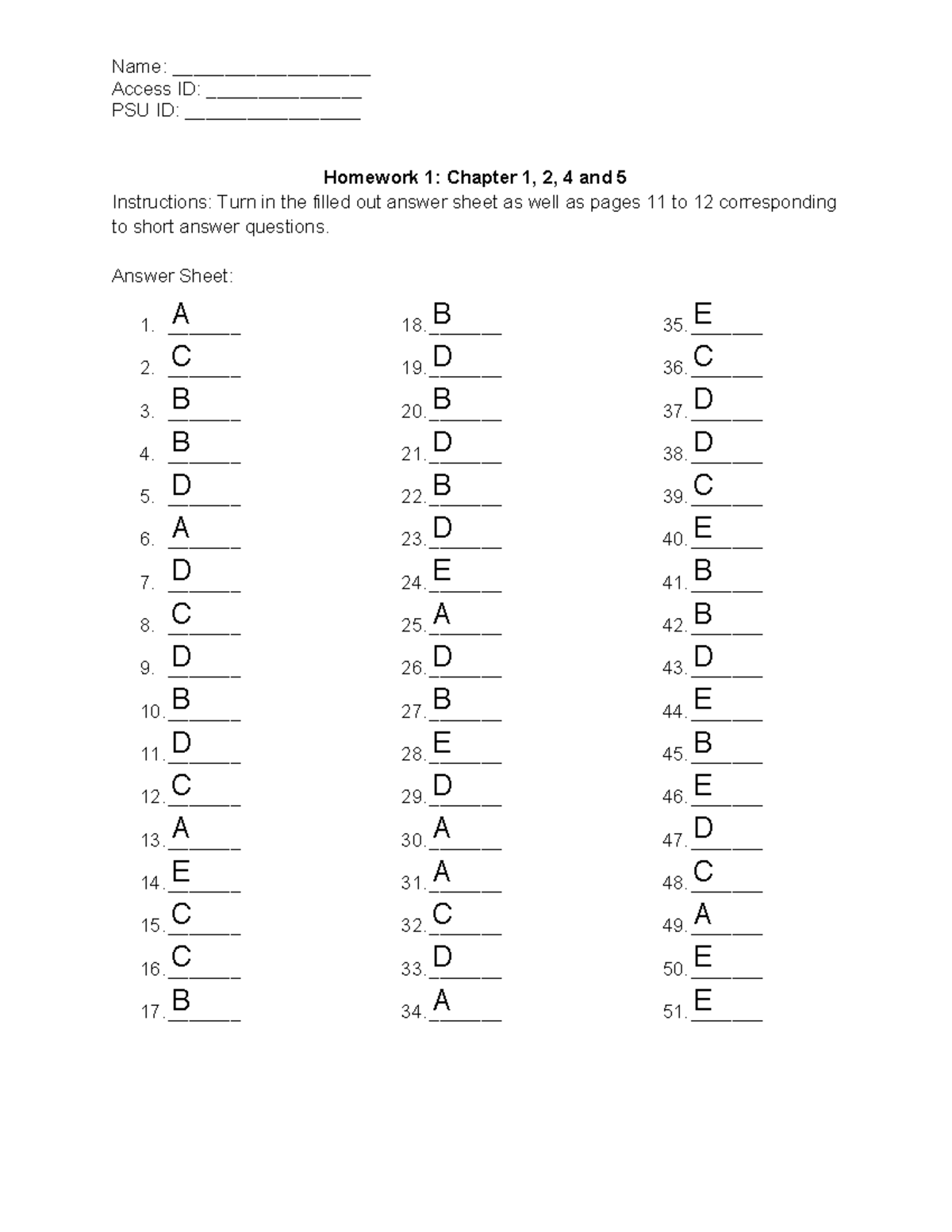 Homework 01 Key - Name: ___________________ Access ID ...