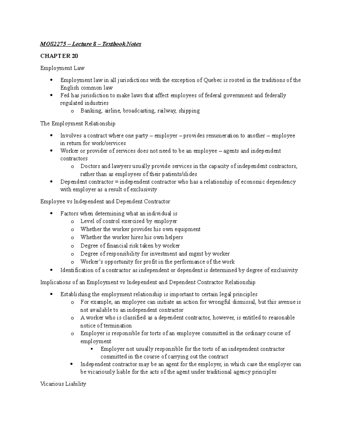 MOS 2275 Lecture 8 - Chapter 20, 21 & 22: Employment Law - MOS2275 ...