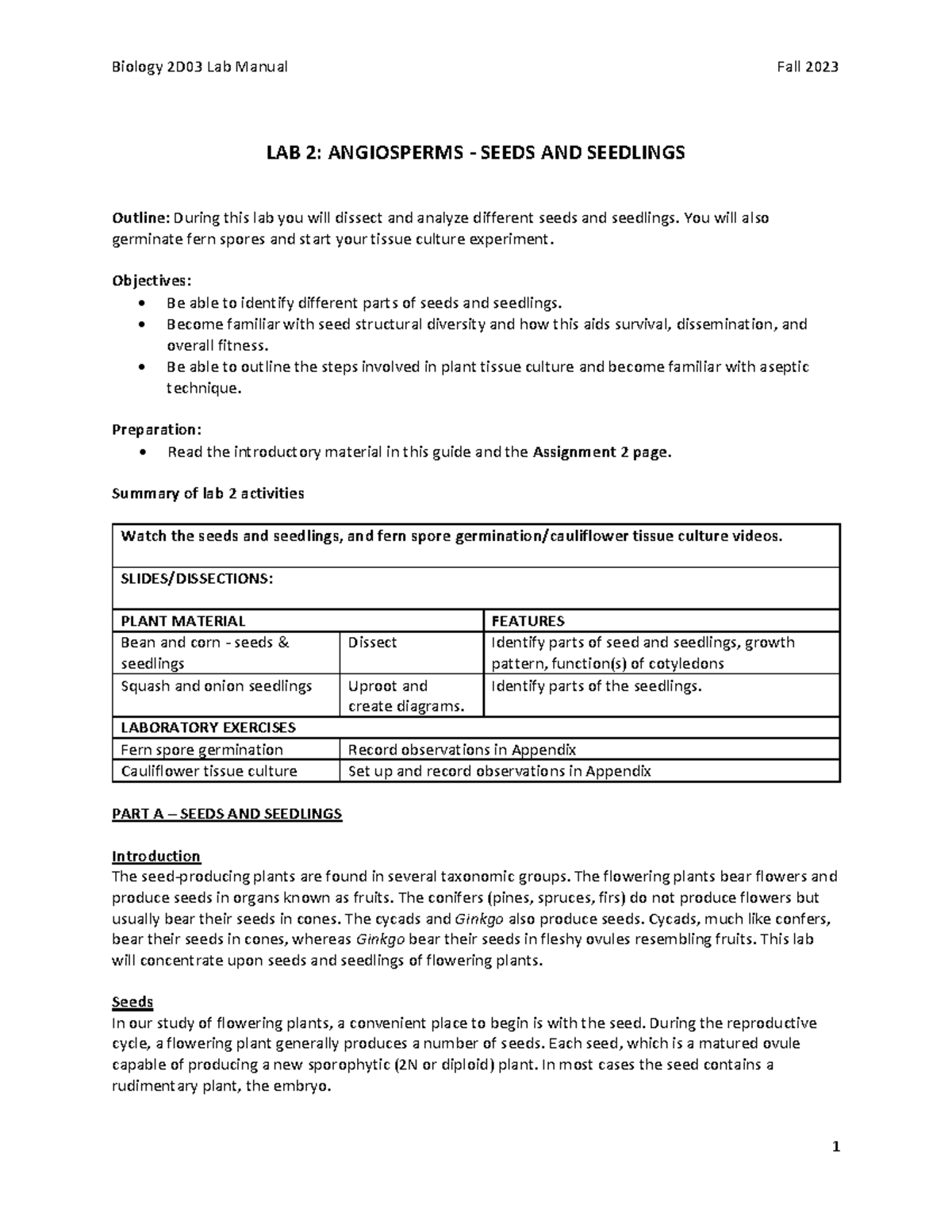 Bio 2D03 Lab 2 - Seeds And Seedlings F2023 - LAB 2: ANGIOSPERMS - SEEDS ...