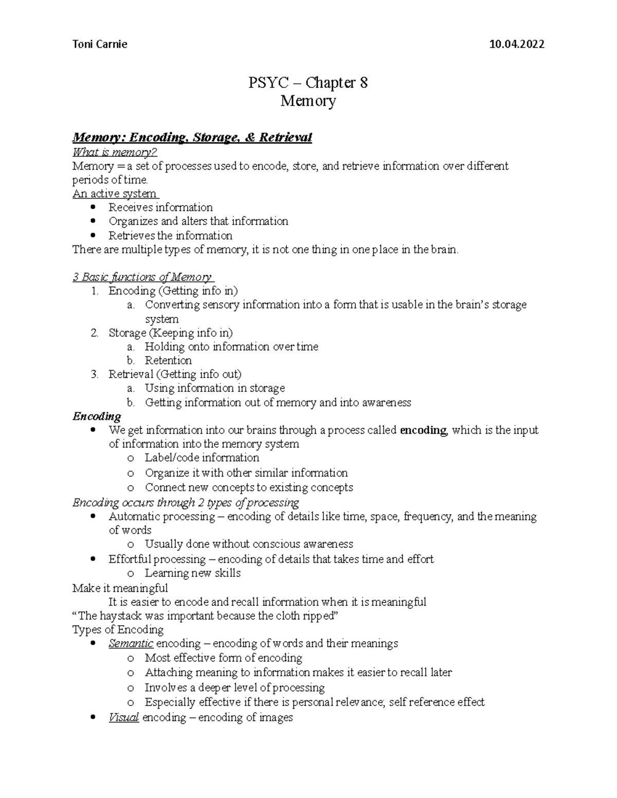 PSYC - Chapter 8 - PSYC – Chapter 8 Memory Memory: Encoding, Storage ...