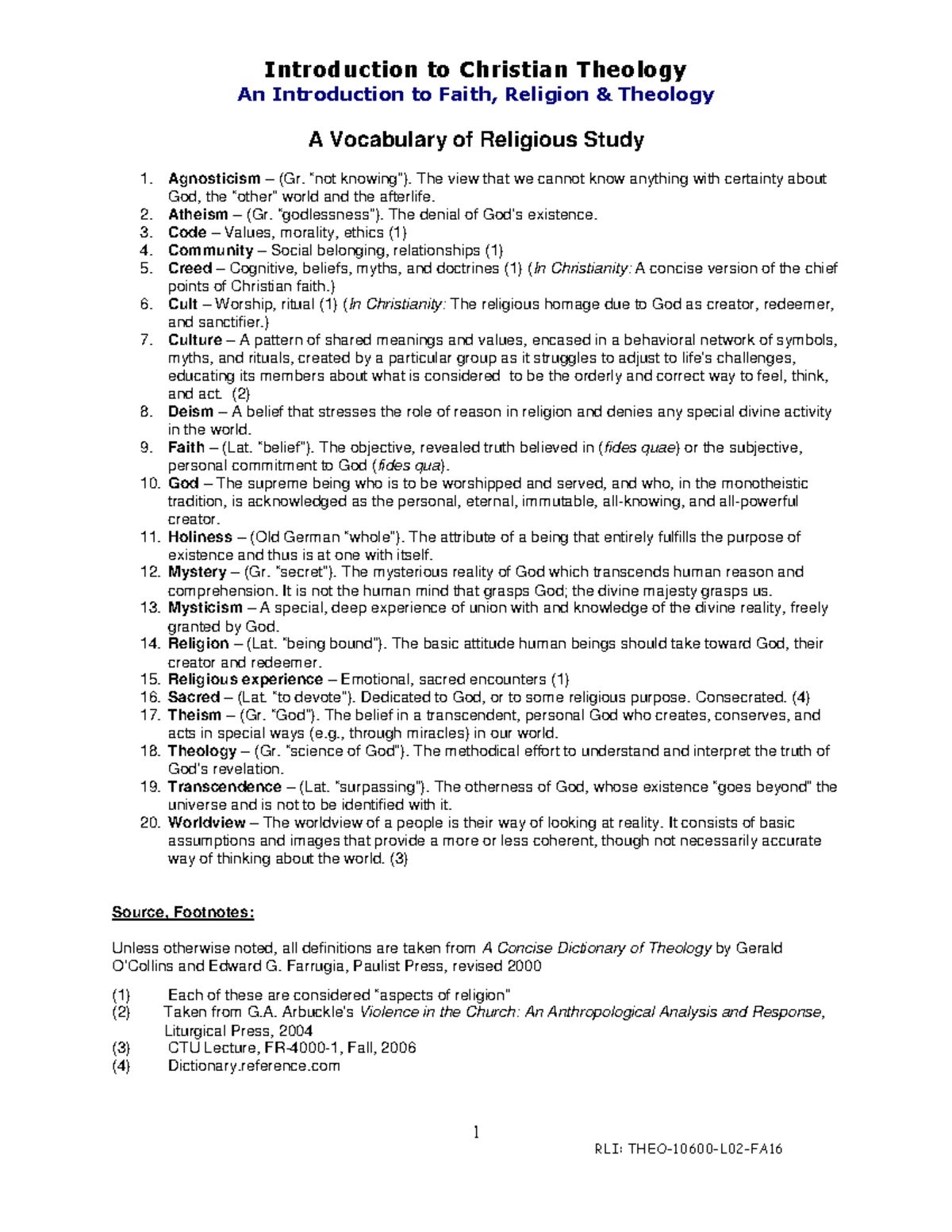 Study Vocabulary - Introduction To Christian Theology An Introduction ...