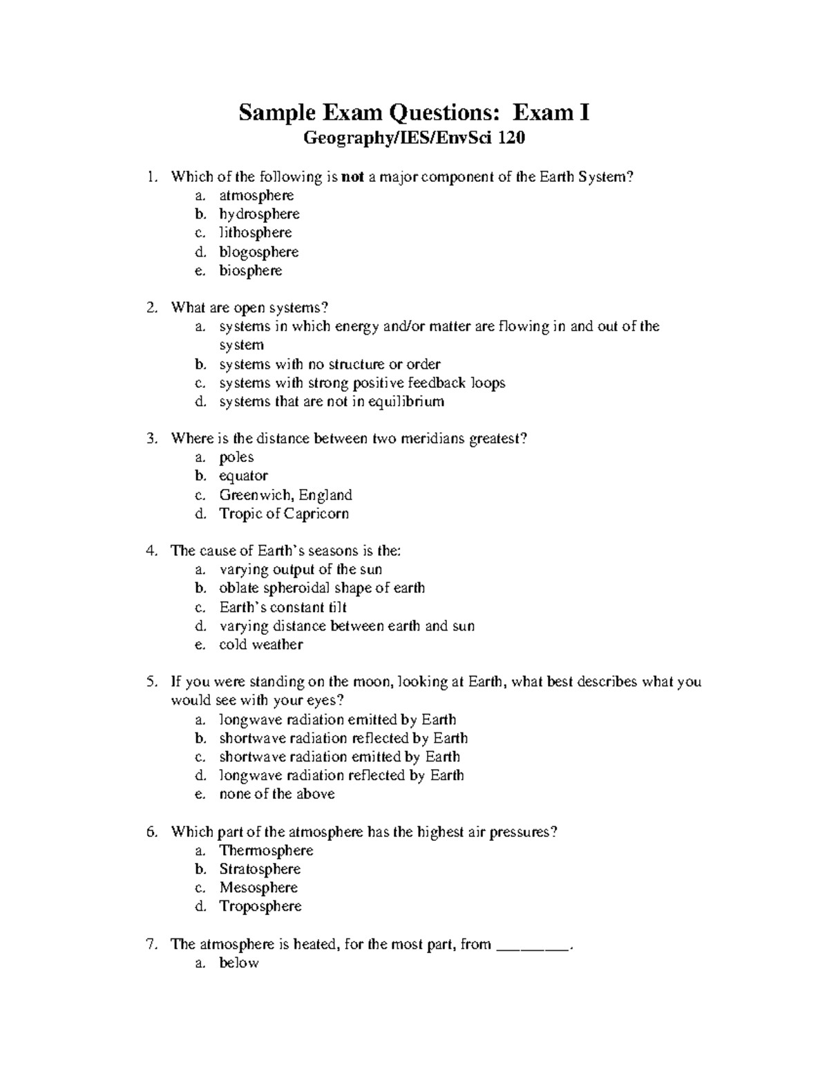 Sample Questions - Sample Exam Questions: Exam I Geography/IES/EnvSci ...