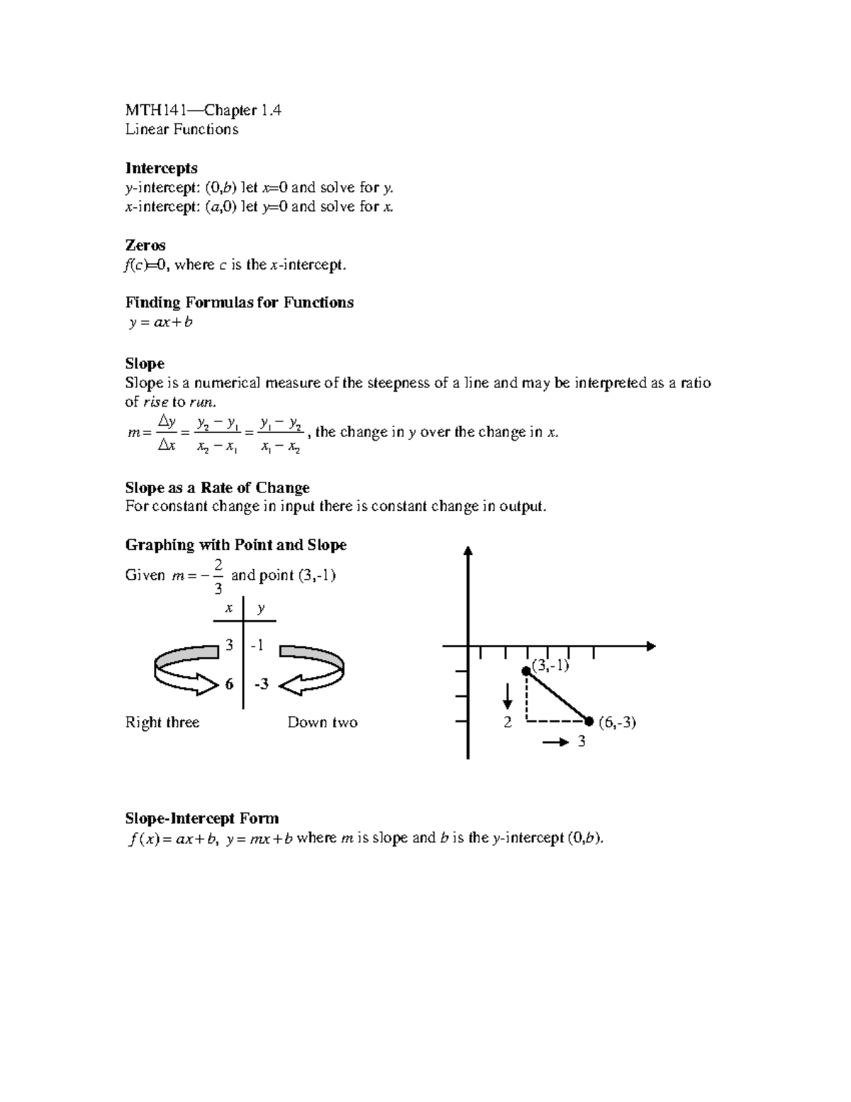 MTH141 1.4 Notes-Linear Functons - MTH141—Chapter 1. Linear Functions ...