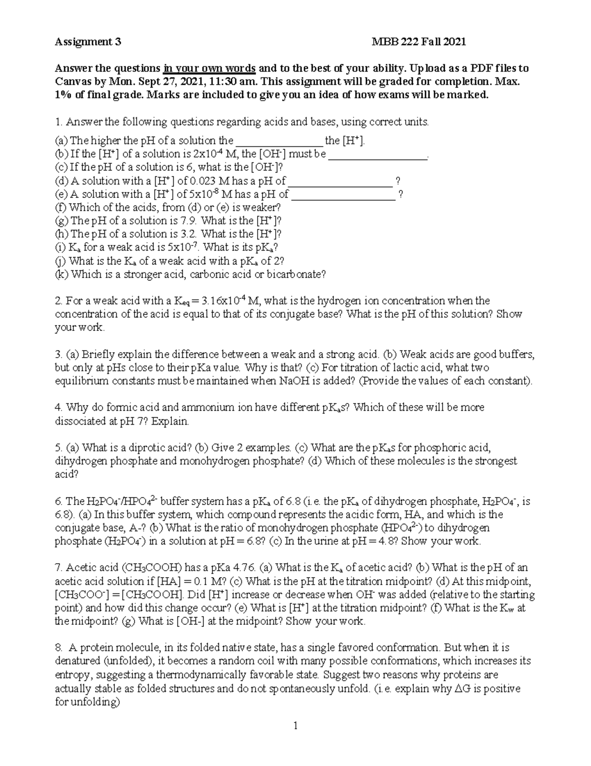 Assignment 3 2021 - Assignment 3 MBB 222 Fall 2021 1 Answer The ...