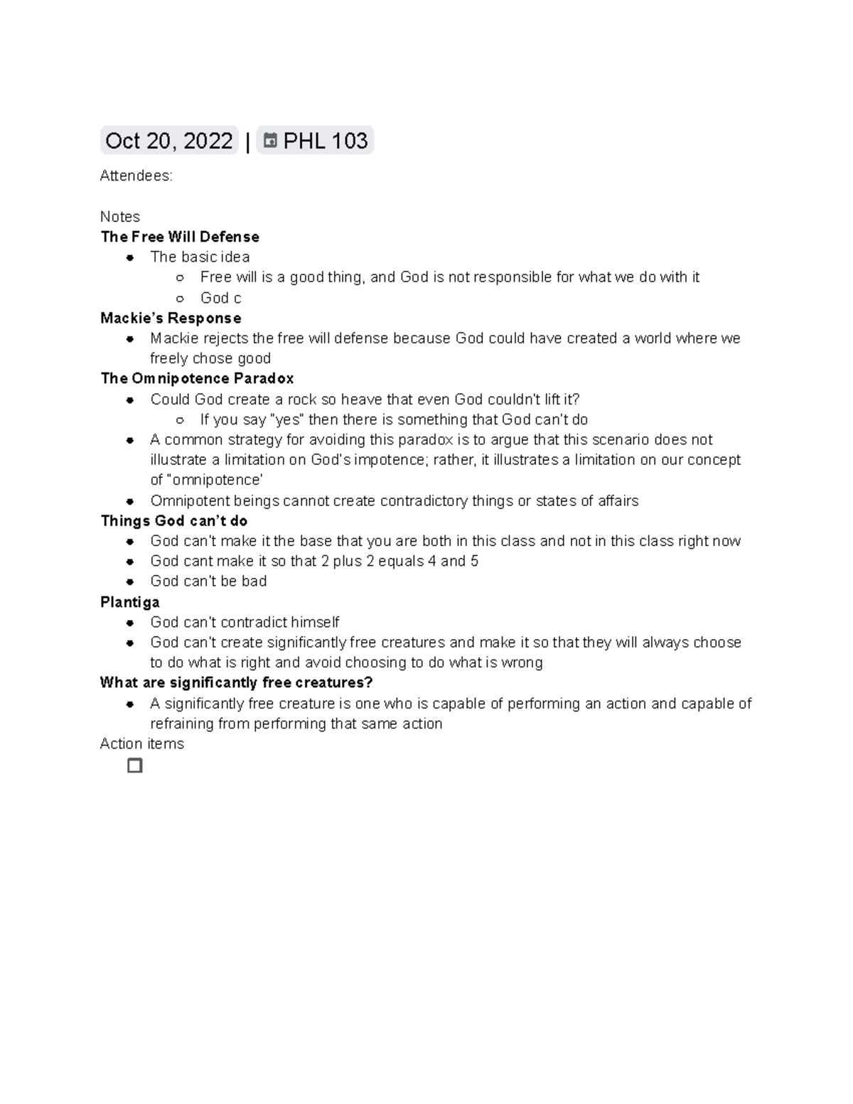 Free Will Defense - Oct 20, 2022 | PHL 103 Attendees: Notes The Free ...