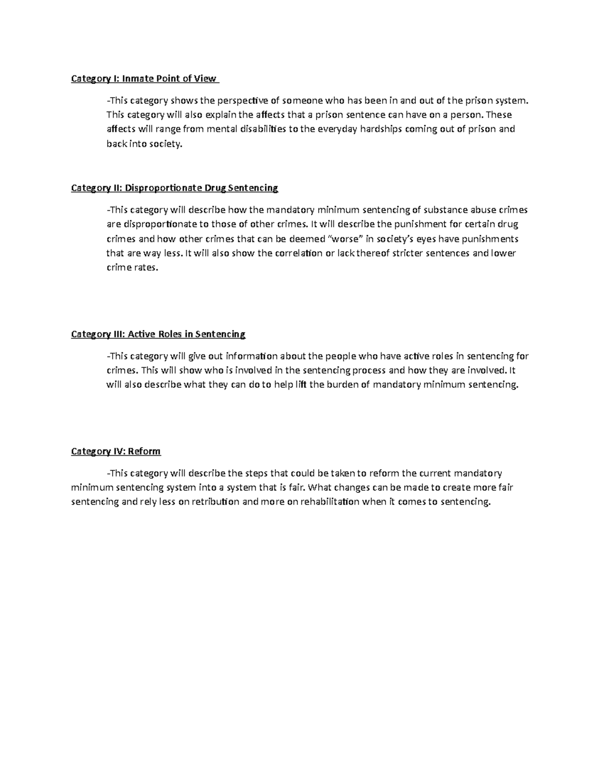 Week 5 discussion 1 Category I Inmate Point of View This category