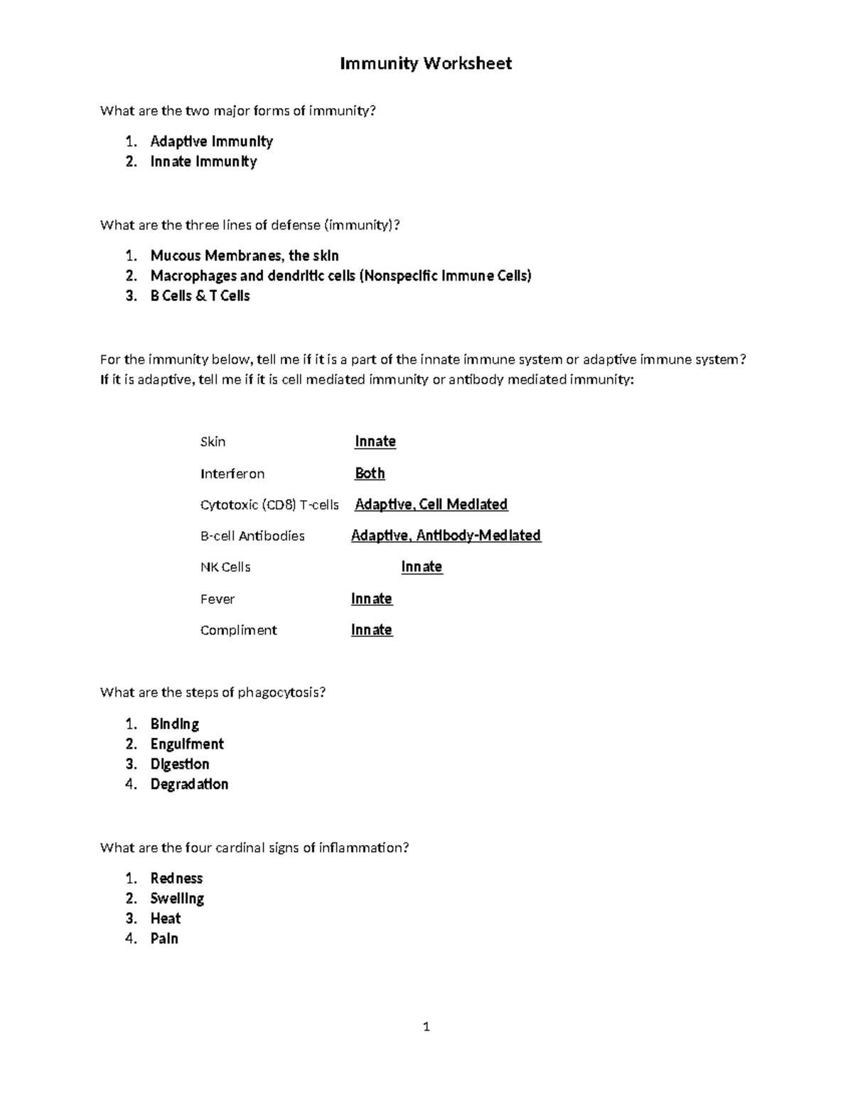 Week 5 - Immunity Worksheet - Immunity Worksheet What are the two major ...