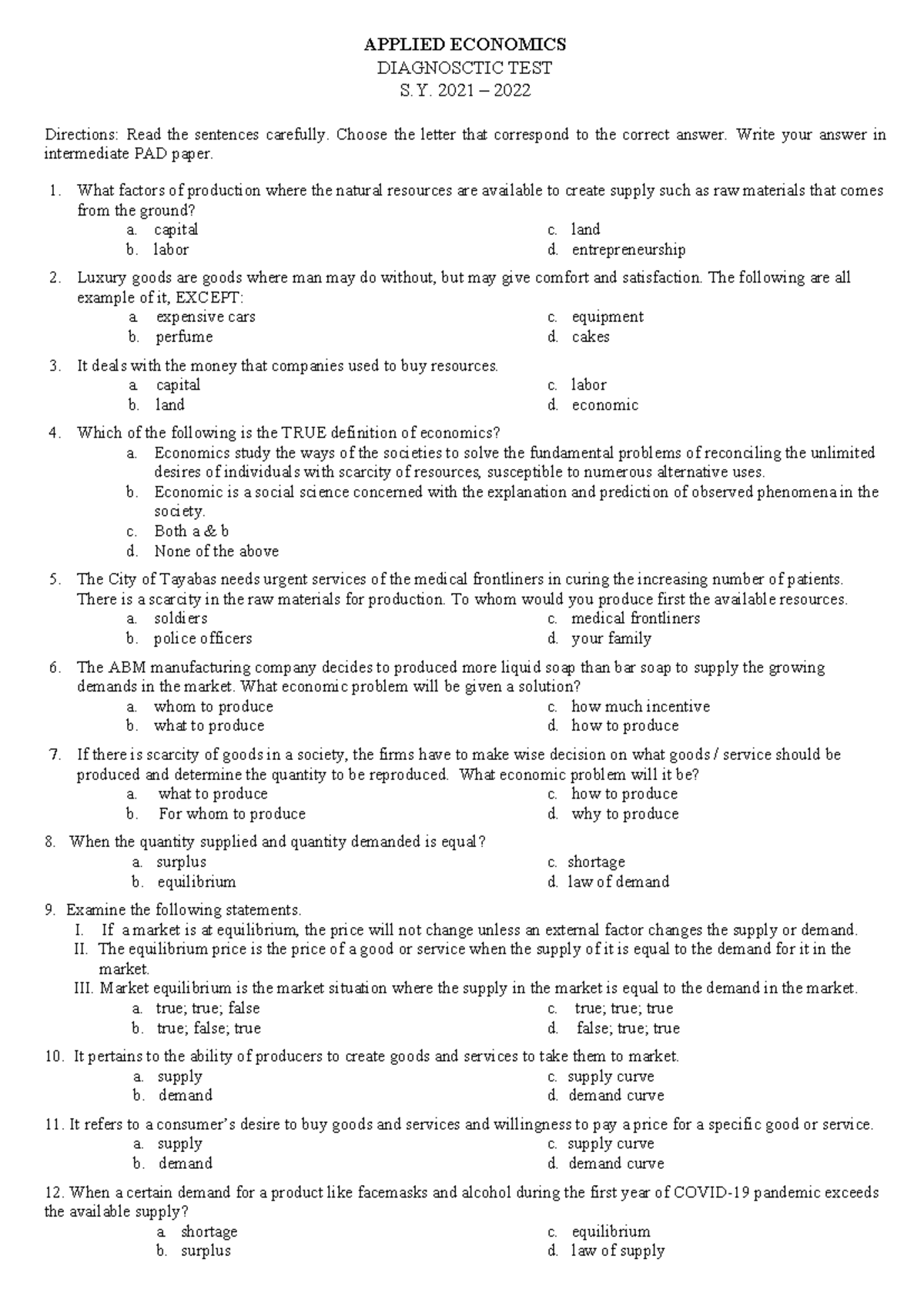 Diagnostic TEST Economics 20212022 APPLIED ECONOMICS DIAGNOSCTIC TEST S. 2021 2022