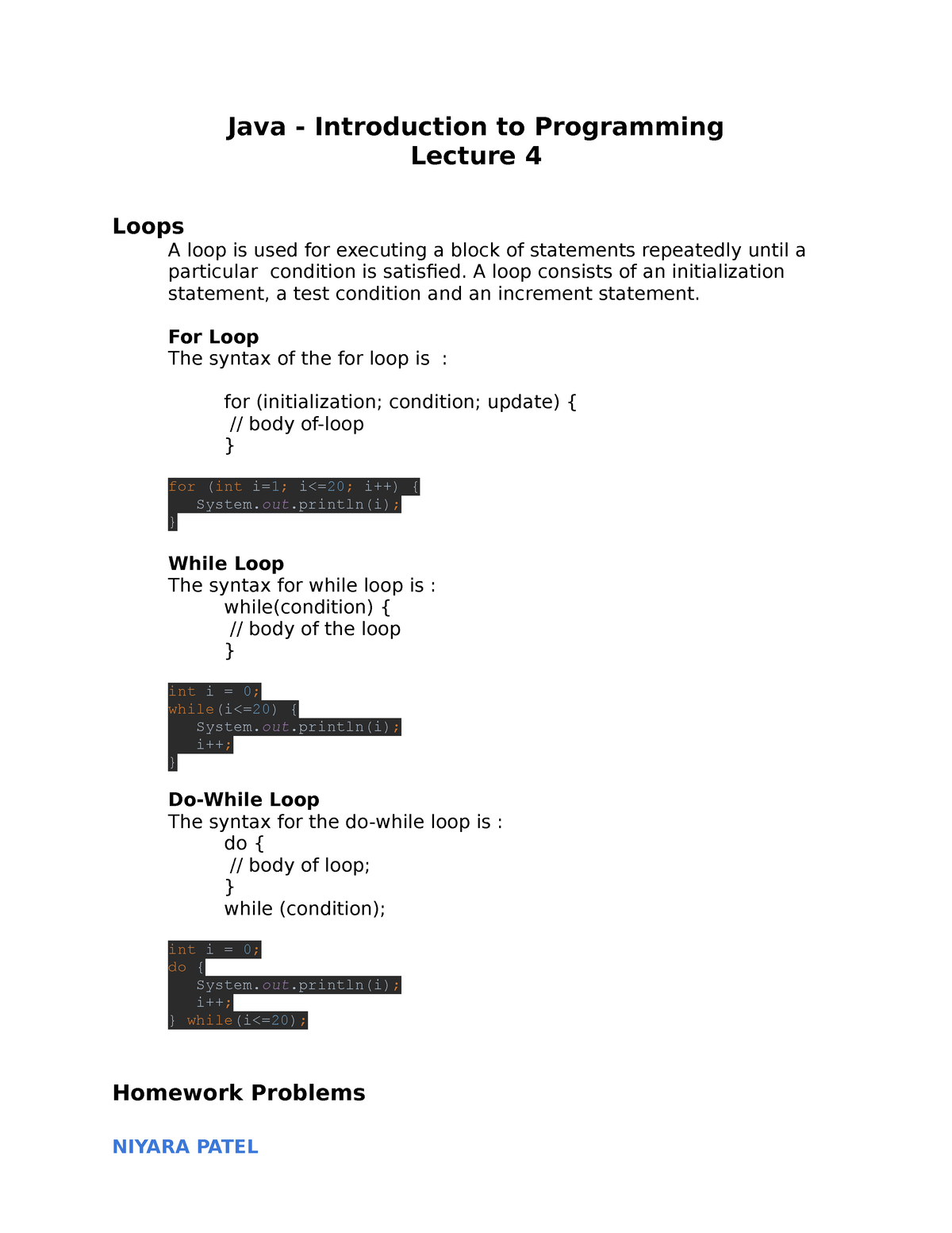 Java Lecture 4 - MADE BY NIYARA PATEL - Java - Introduction To ...