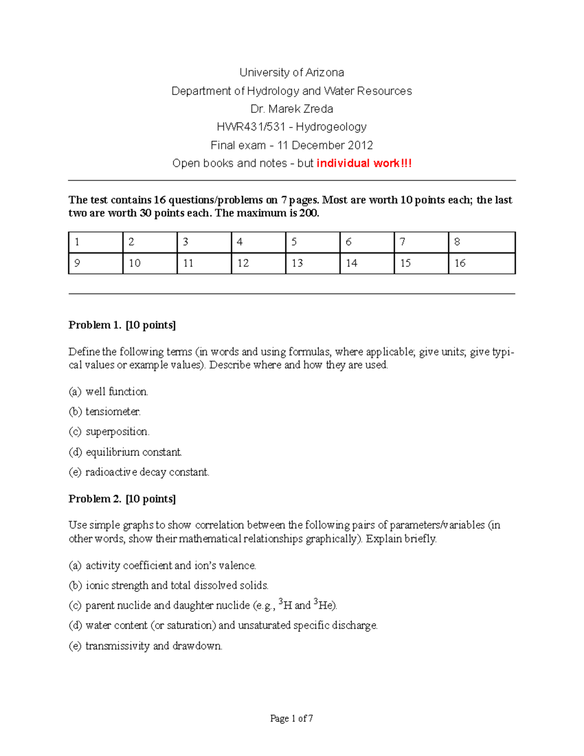 hydrology Final exam 2012 - University of Arizona Department of ...