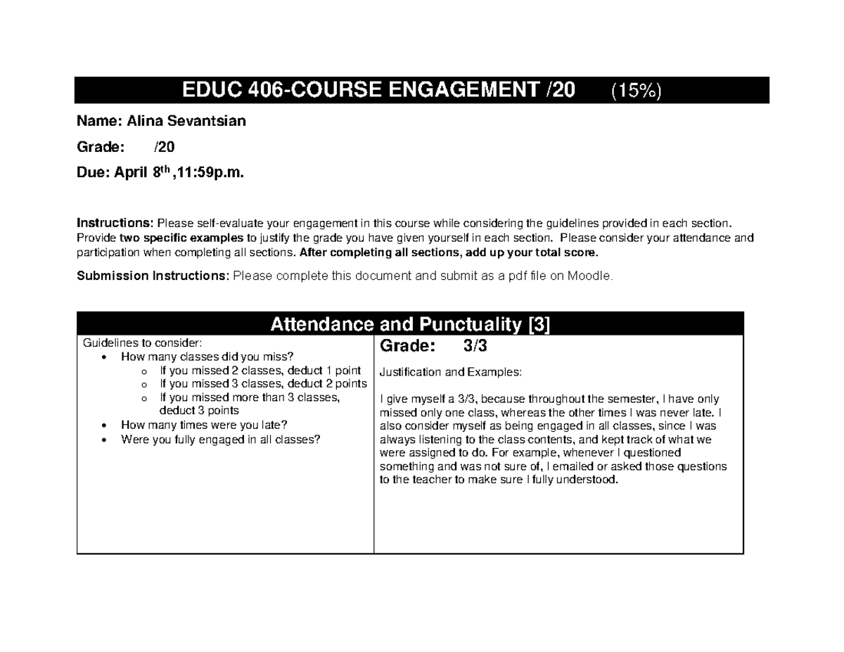 Course engagement educ 406 - EDUC 406 - COURSE ENGAGEMENT / 20 ( 15 % ...