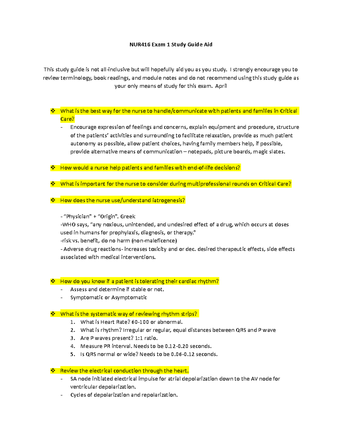 Exam 1 study guide - critical care cardiovascular - NUR416 Exam 1 Study ...