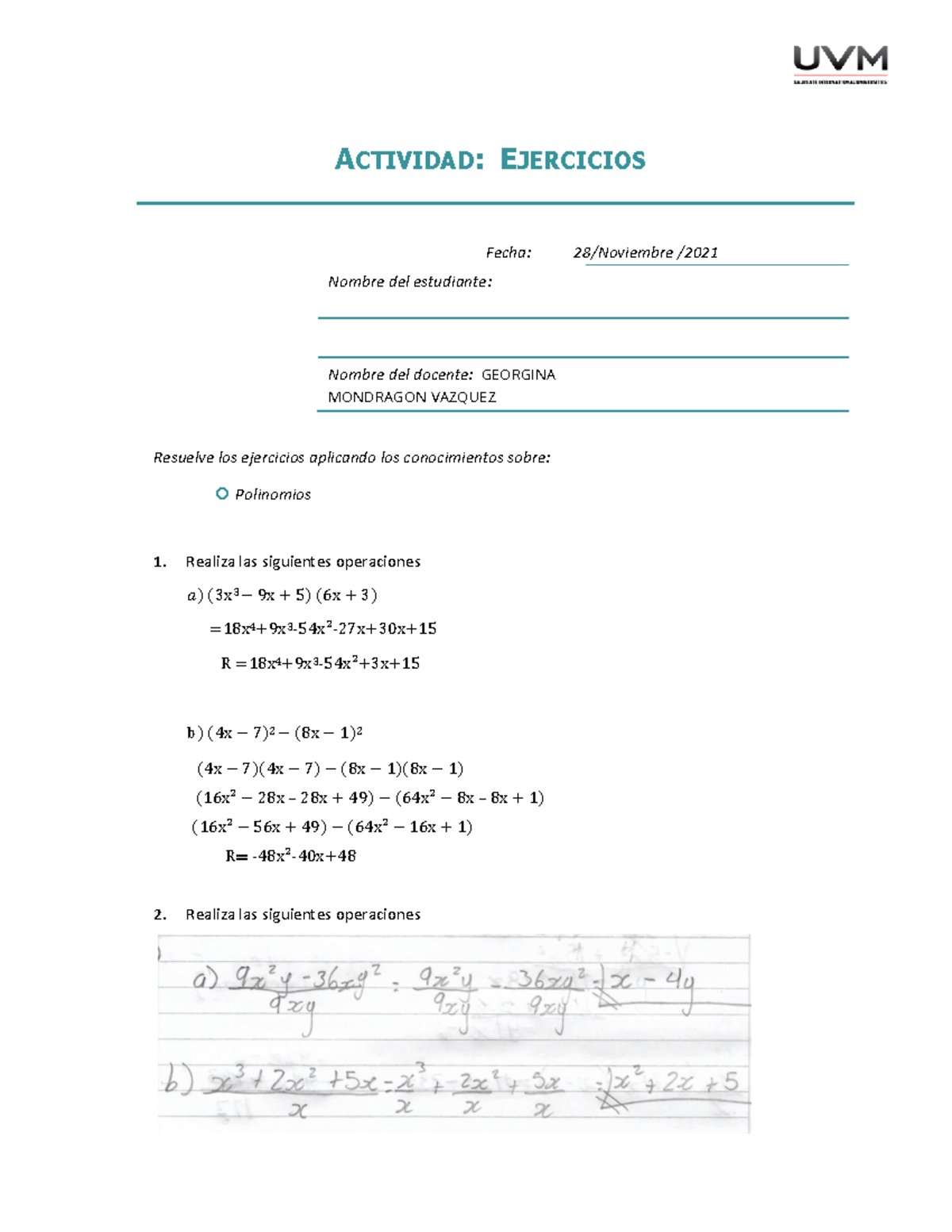 A#7 Algebra - ACTIVIDAD: EJERCICIOS Fecha: 28 /Noviembre / Nombre Del ...