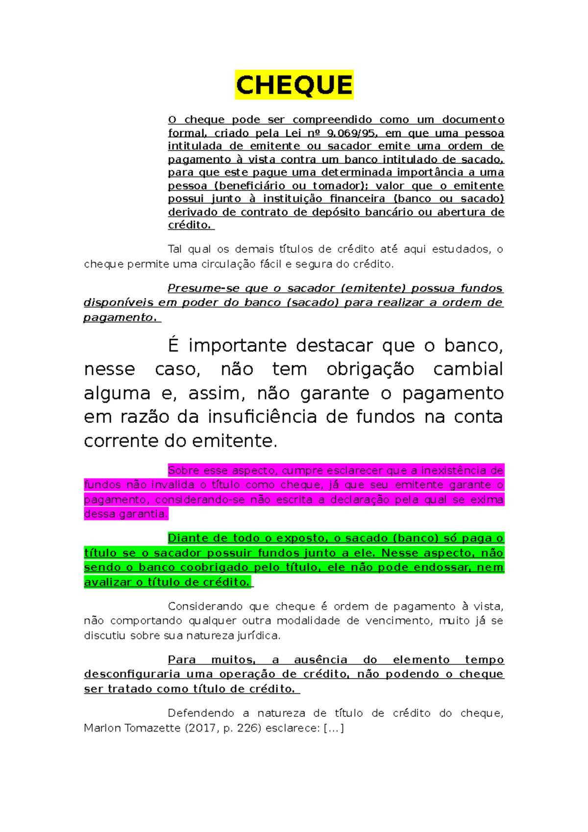 Cheques (Títulos de Crédito) - CHEQUE O cheque pode ser compreendido ...
