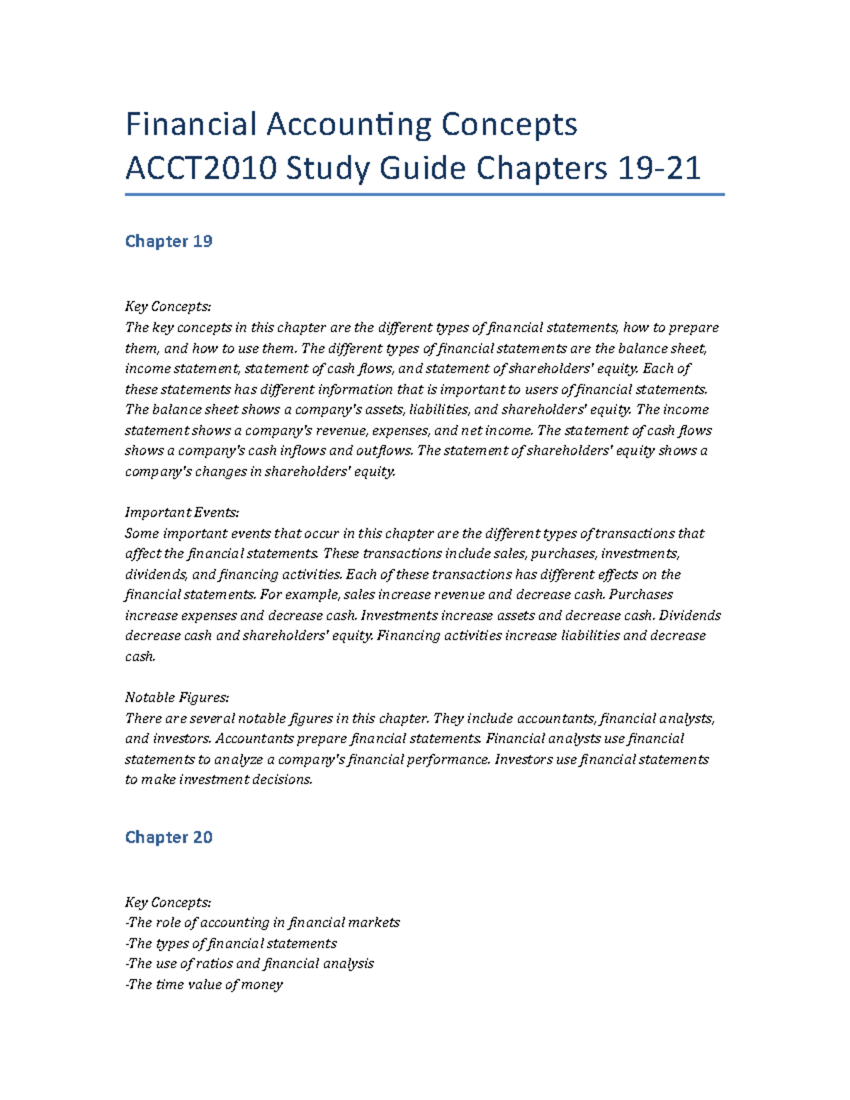 Financial Accounting Concepts ACCT2010 Study Guide Chapters 19-21 ...