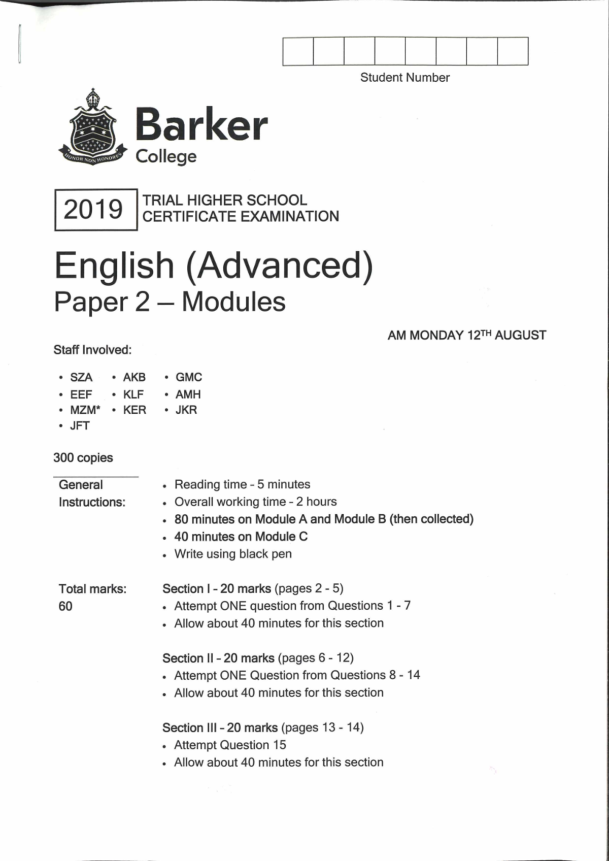 Barker Advanced Modules Paper - Student Number Barker HONOR NON HONORES ...
