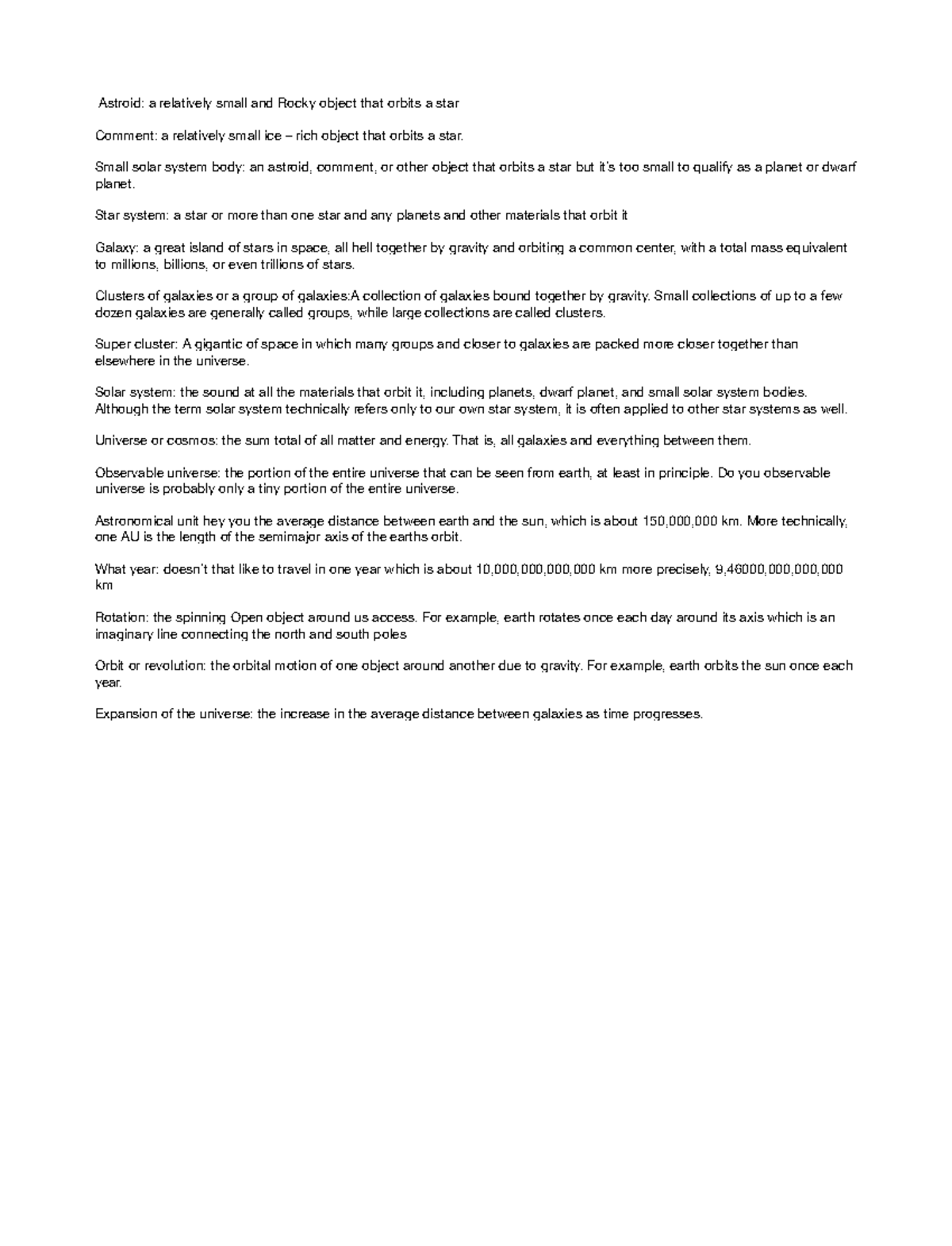 Chapter 1 notes - Astroid: a relatively small and Rocky object that ...