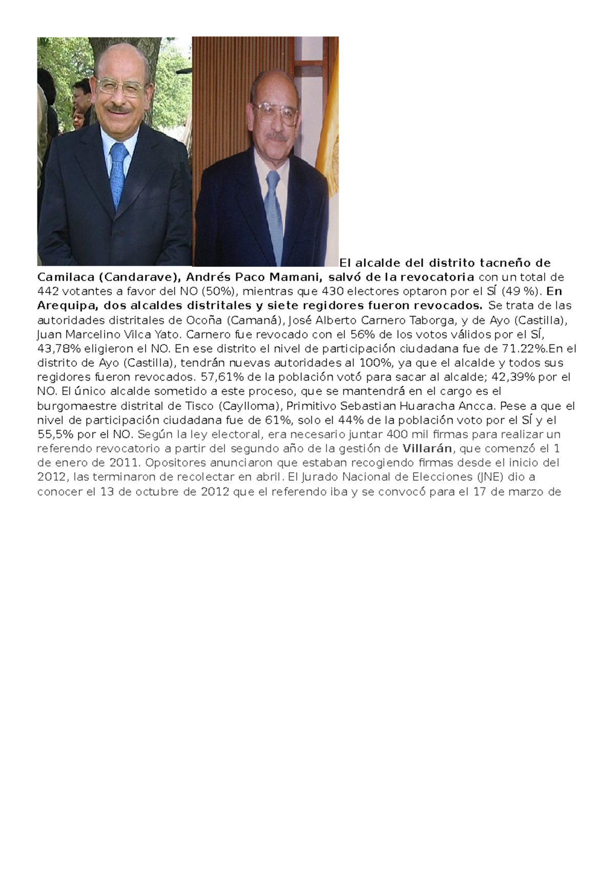 El alcalde del distrito tacneño de Camilaca El alcalde del distrito