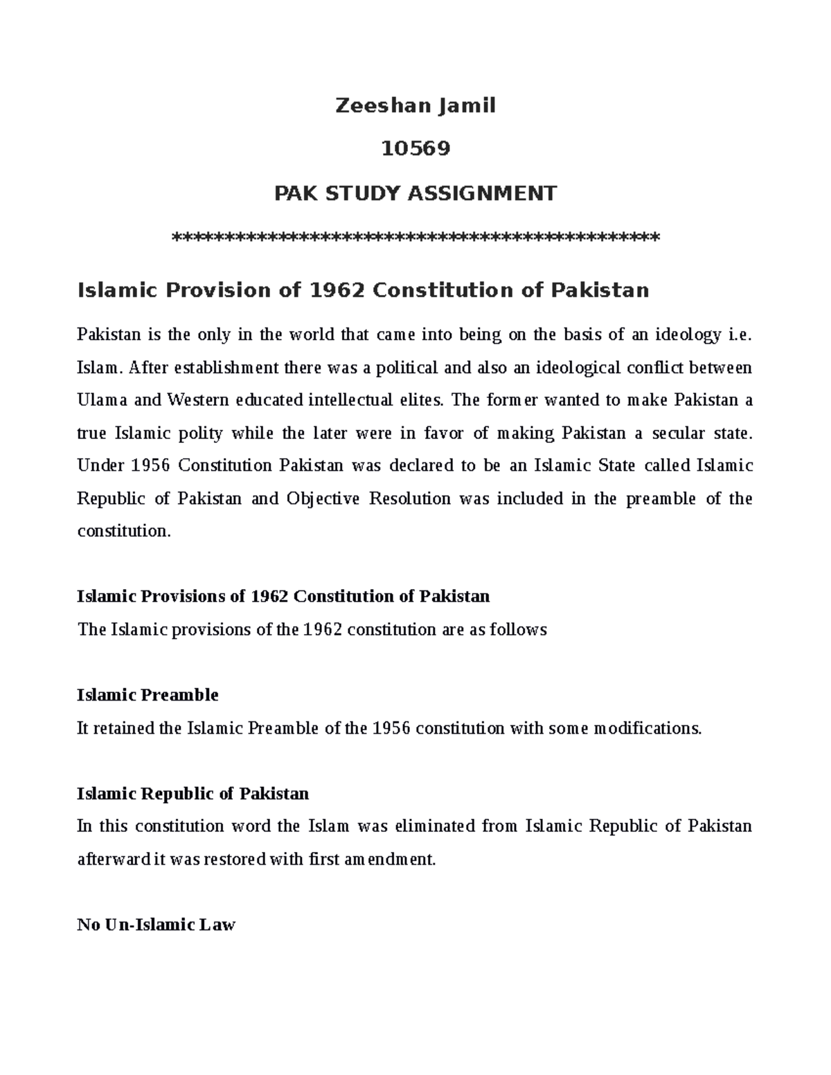 assignments and notes - Zeeshan Jamil 10569 PAK STUDY ASSIGNMENT - Studocu
