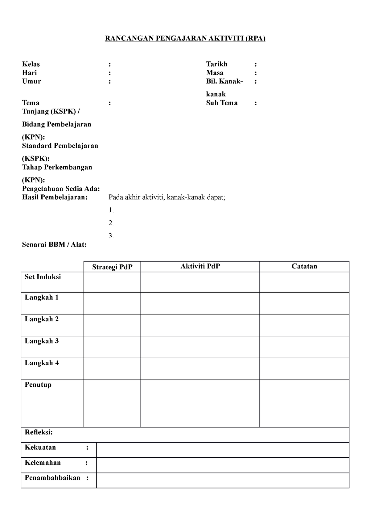 RPH T65h6h6h5h6 - RANCANGAN PENGAJARAN AKTIVITI (RPA ) Kelas : Tarikh ...